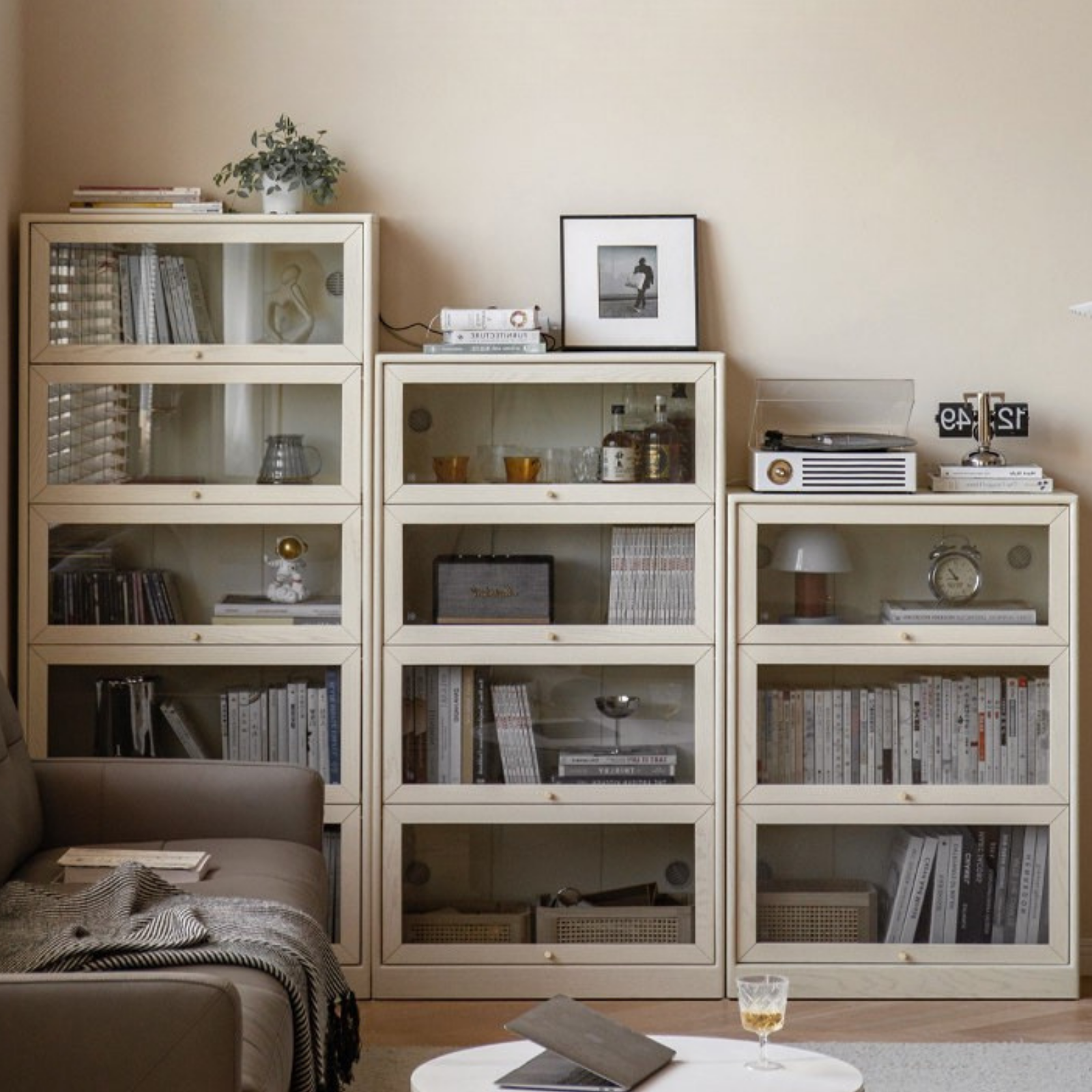 Oak Solid Wood Bookcase Cream Flip Door Glass Display Cabinet
