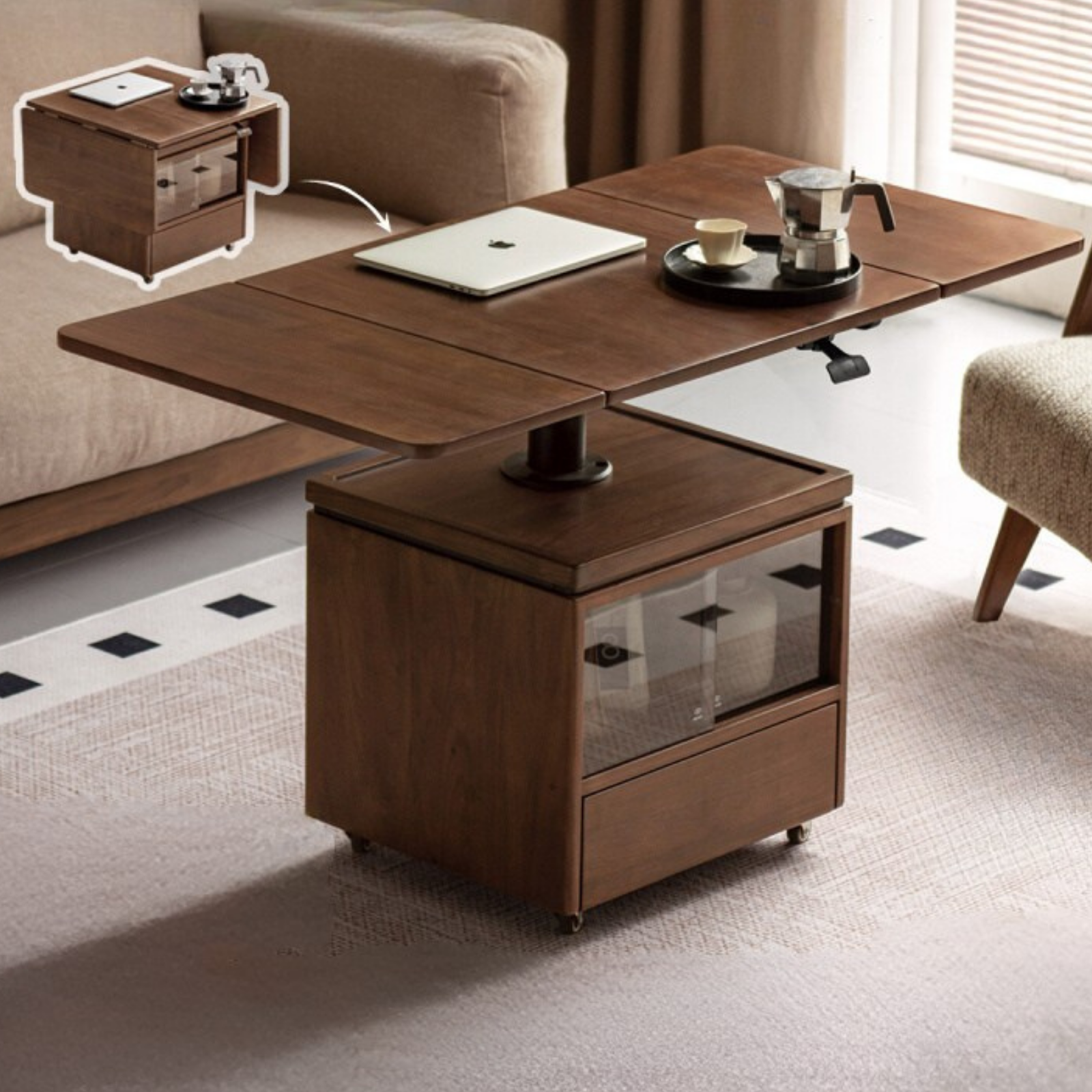 Black Walnut Solid Wood Mobile Folding Coffee Table