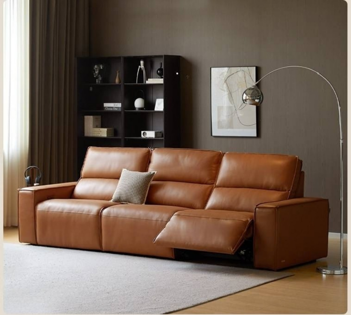 Genuine Leather Power Reclining Sofa with Adjustable Headrests and USB Charging