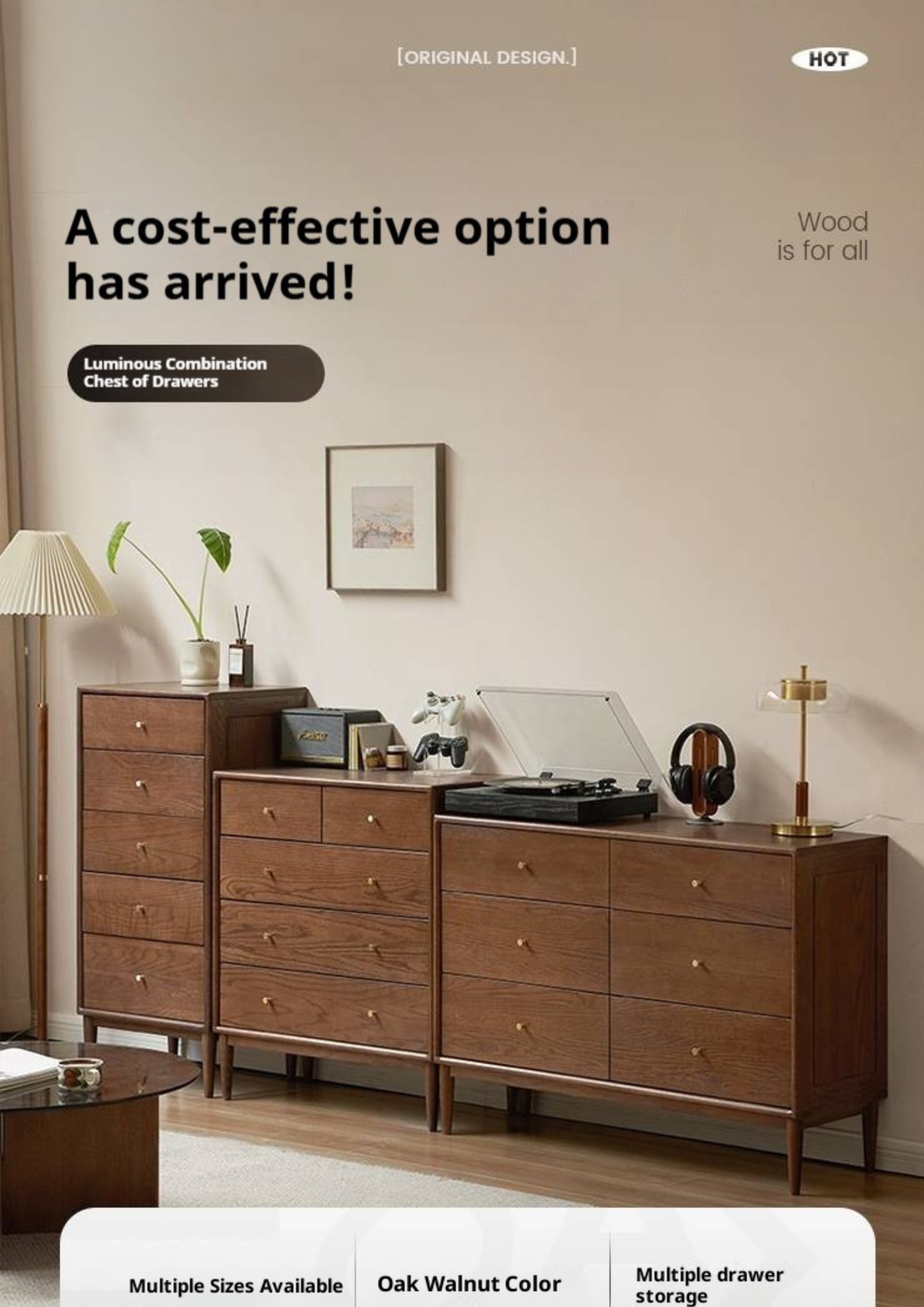 Oak, Solid Rubberwood Modern Minimalist Chest of Drawers