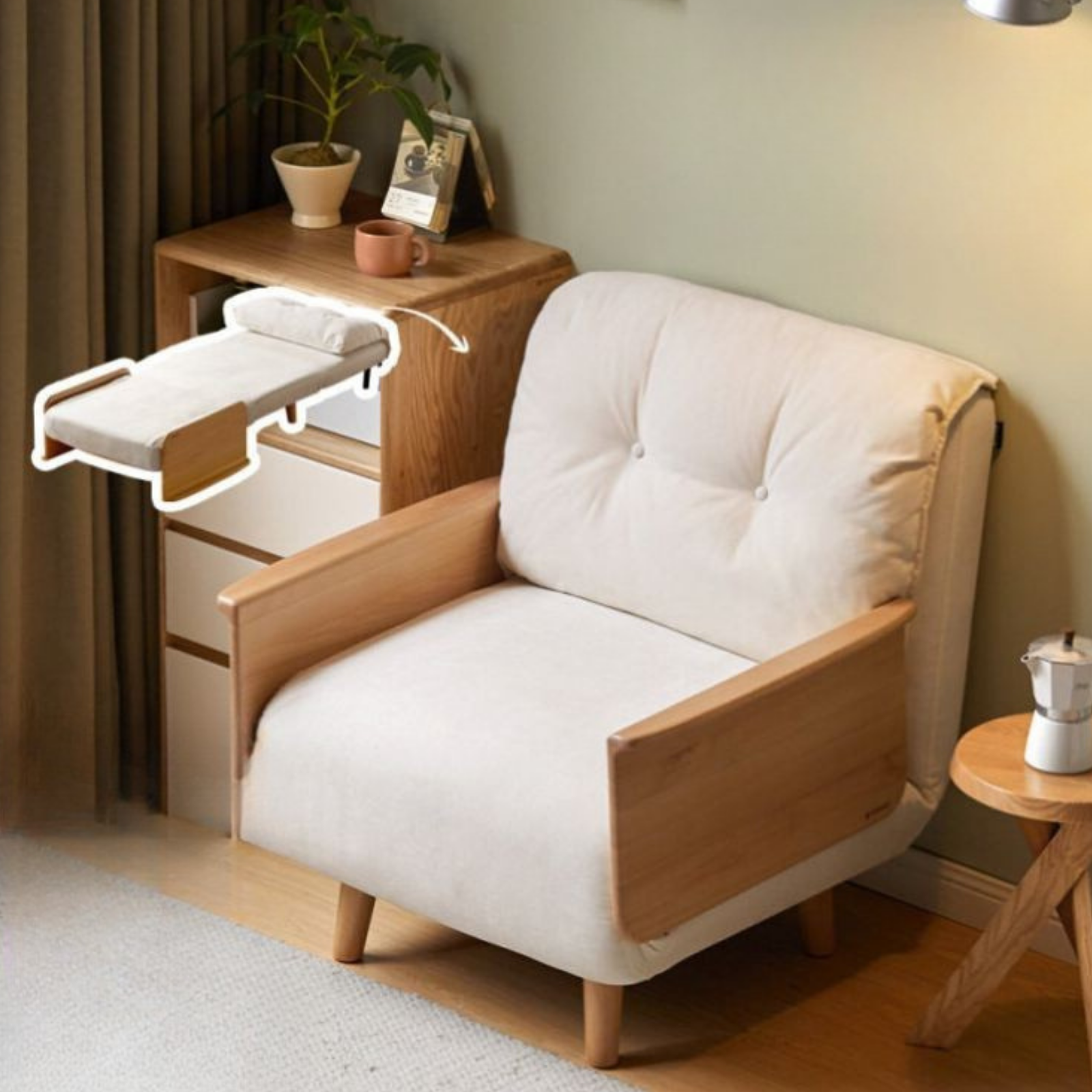 Beech Solid Wood Convertible Wood Frame Accent Chair with Pull-Out Chaise
