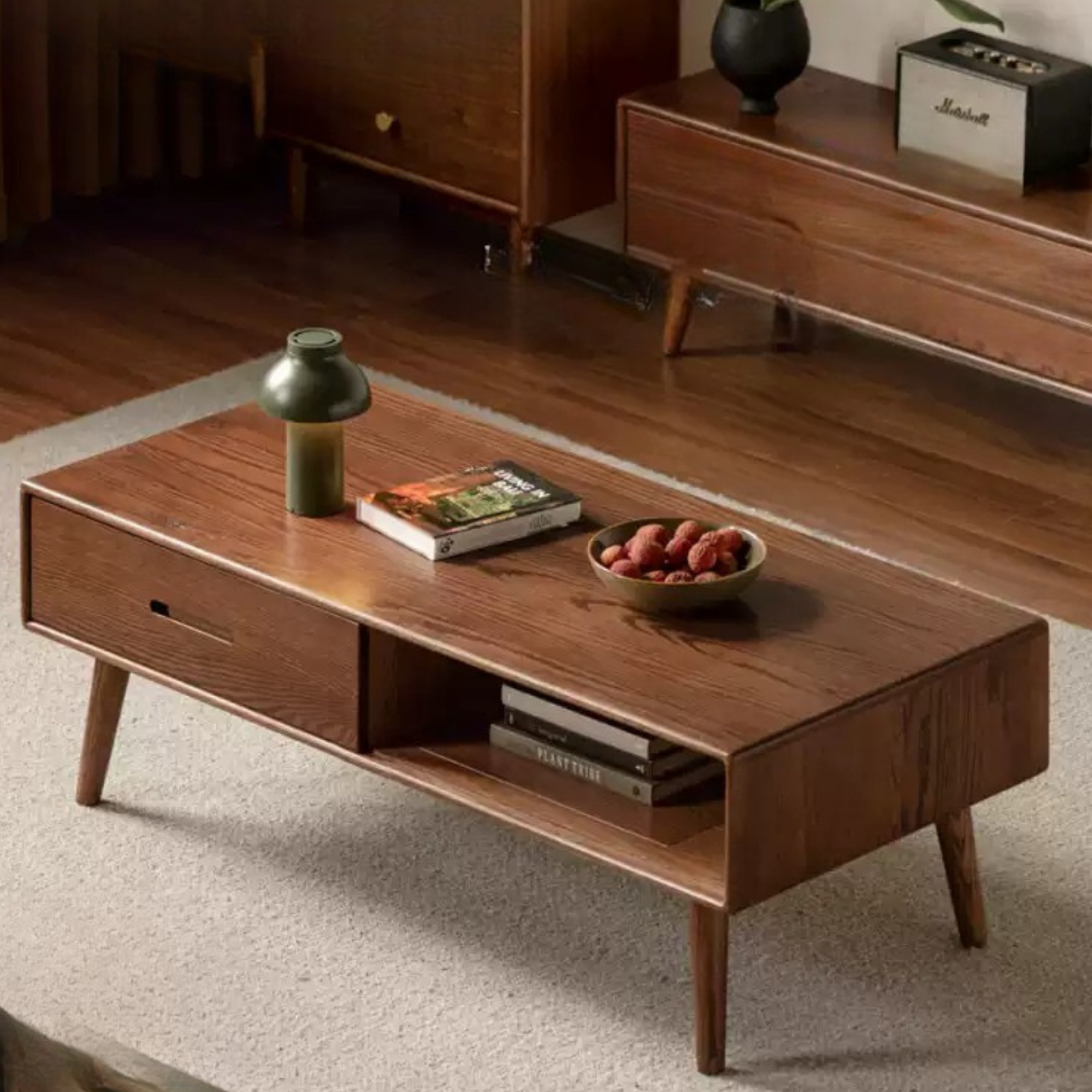 Oak, Solid Rubberwood Two-Drawer Coffee Table Walnut Color