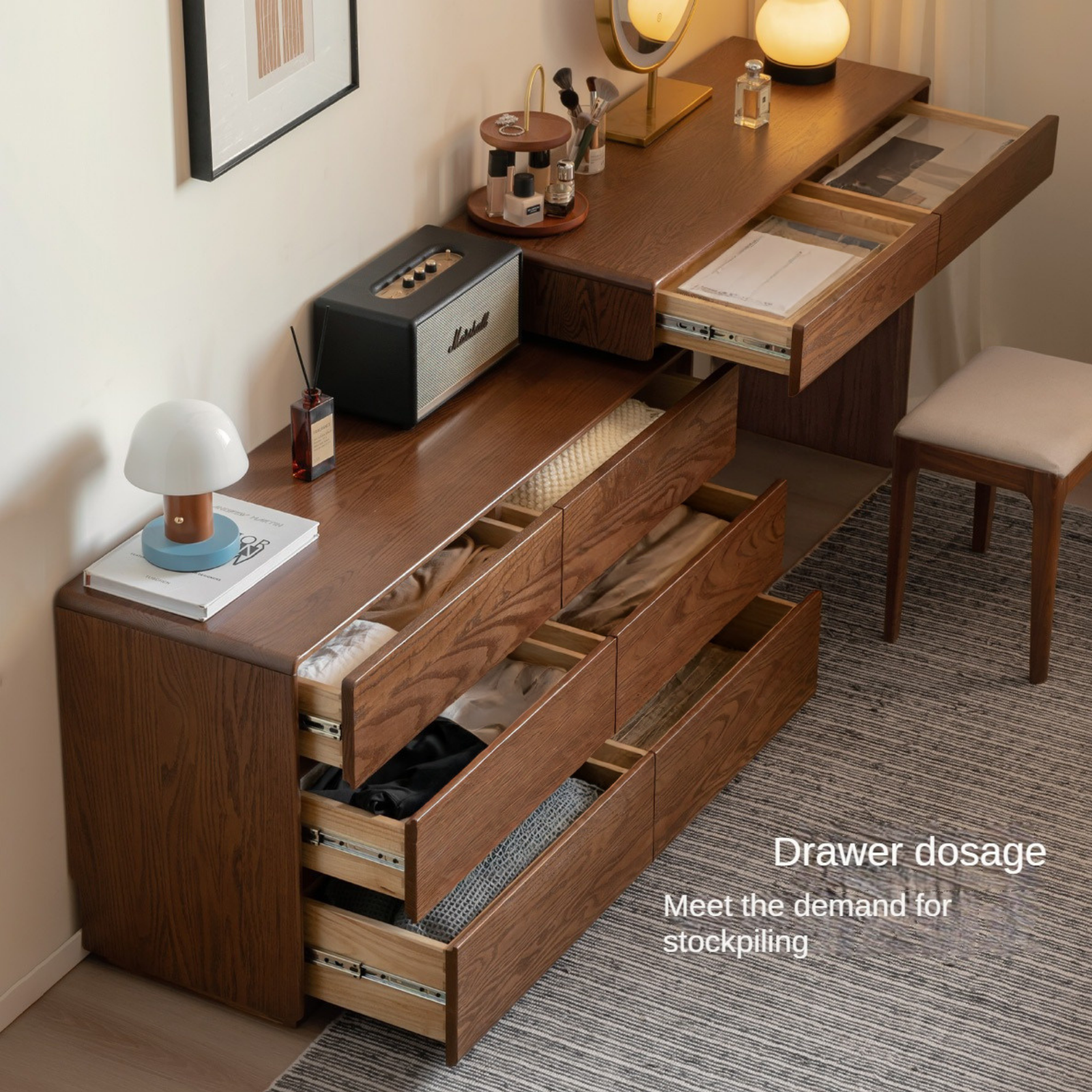 Oak Solid Wood Retro Style Retractable Vanity Table