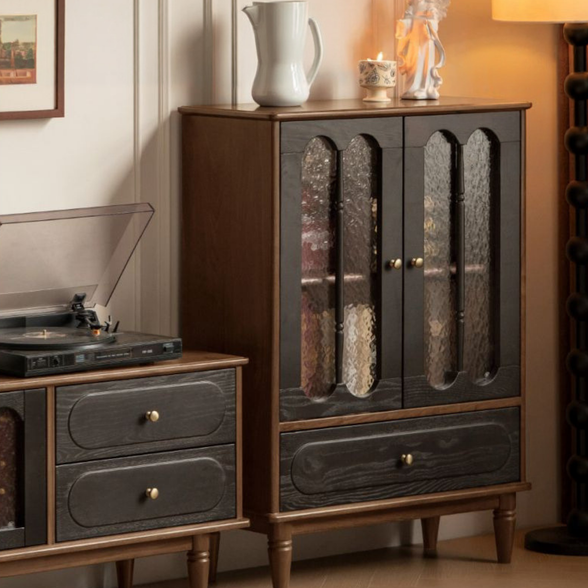 Black Walnut Solid Wood Vintage Curio Cabinet with Rippled Glass Doors and Brass Hardware