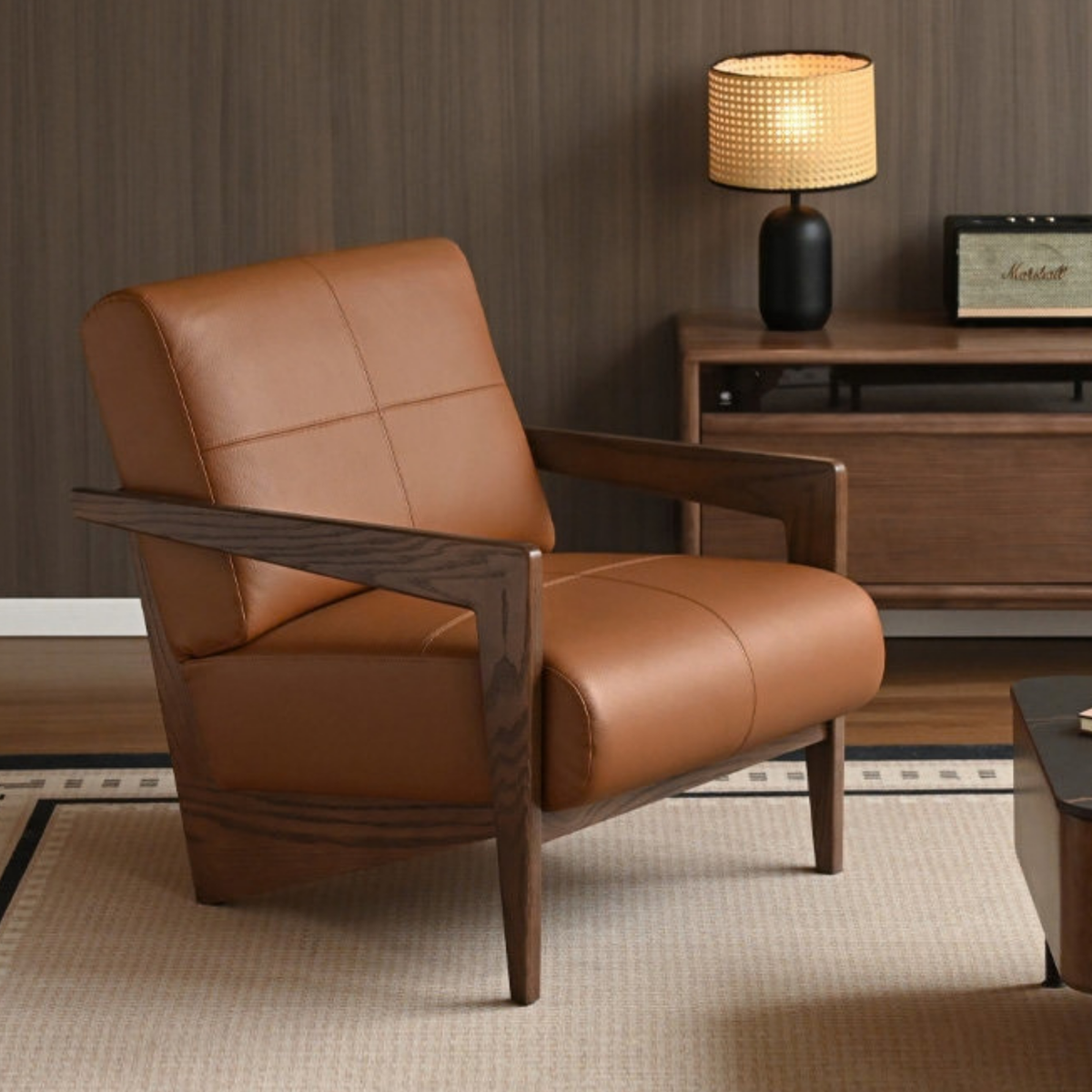Oak Solid Wood Genuine Leather Accent Chair , Utrecht-Inspired Design