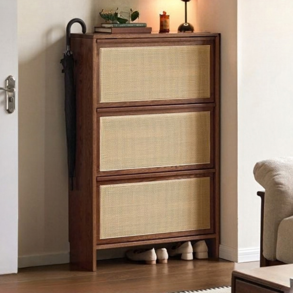 Oak Solid Wood Slim Entryway Shoe Cabinet with Rattan Flip-Down Doors