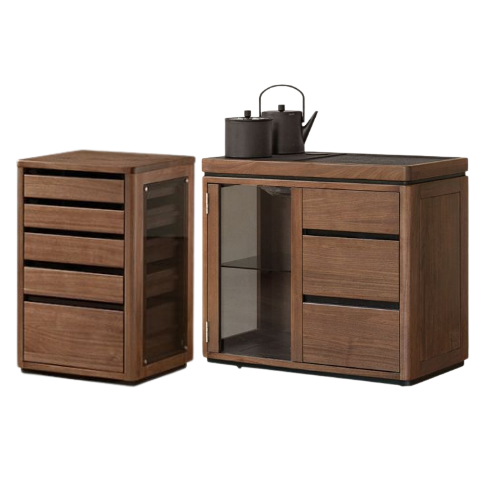 Black Walnut Solid Wood Tea Set Storage Rolling Side Cabinet with Fluted Drawers