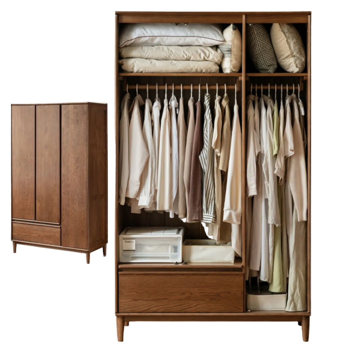 Oak Solid Wood Wardrobe Armoire with Hidden Groove Pulls and Raised Legs