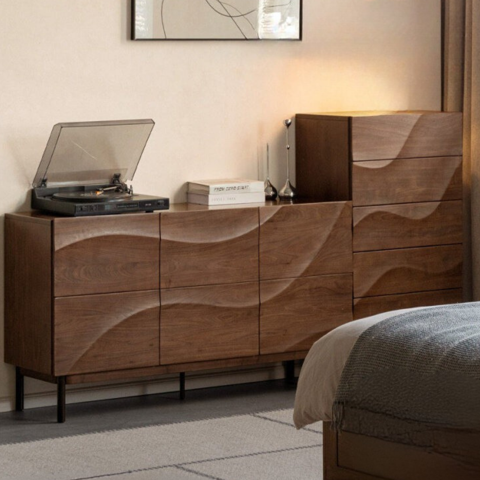 Black Walnut Solid Wood Wave Side Cabinet,Drawer