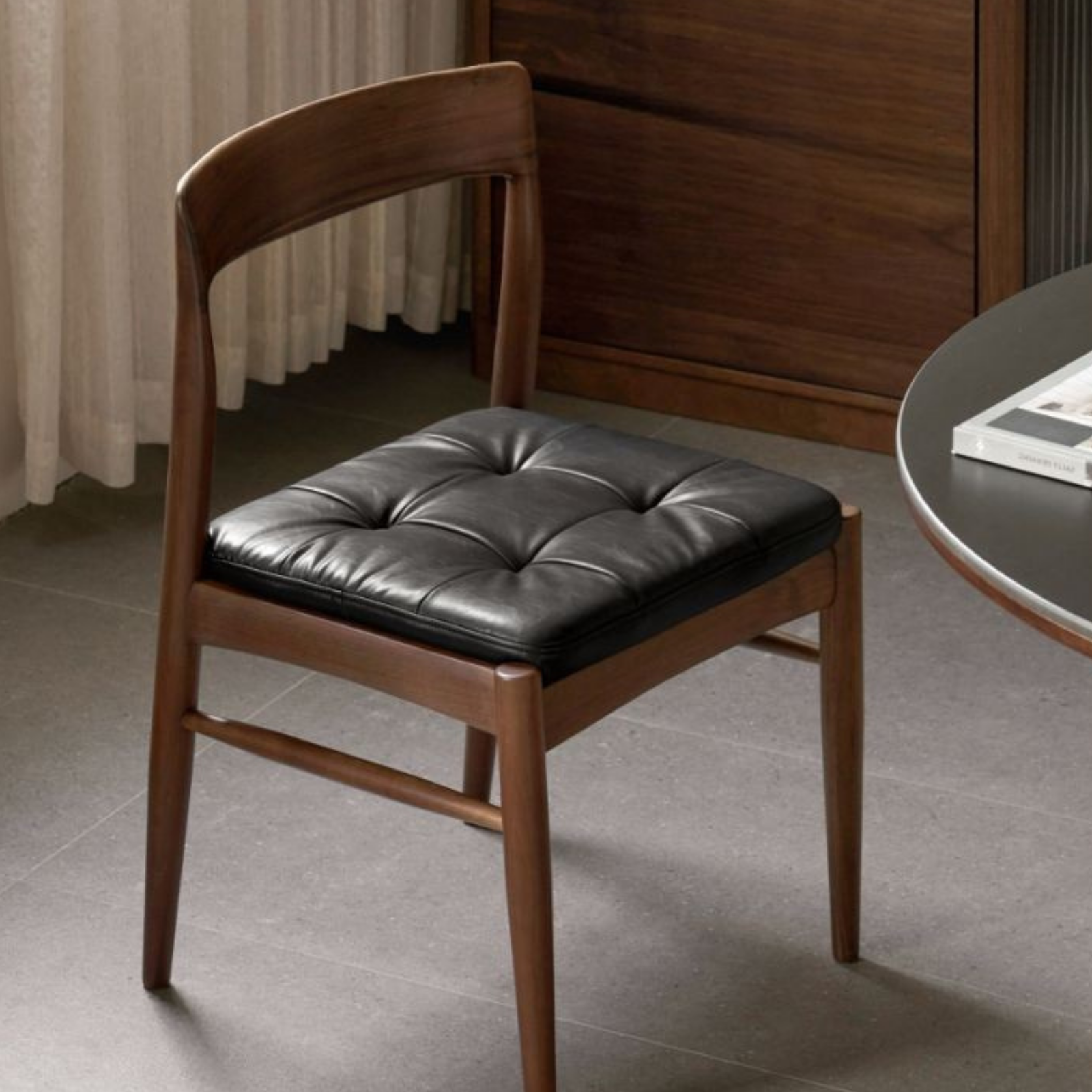 Set 4 pcs Black Walnut Solid Wood Dining Chair with Leather Seat, Mid Century Modern