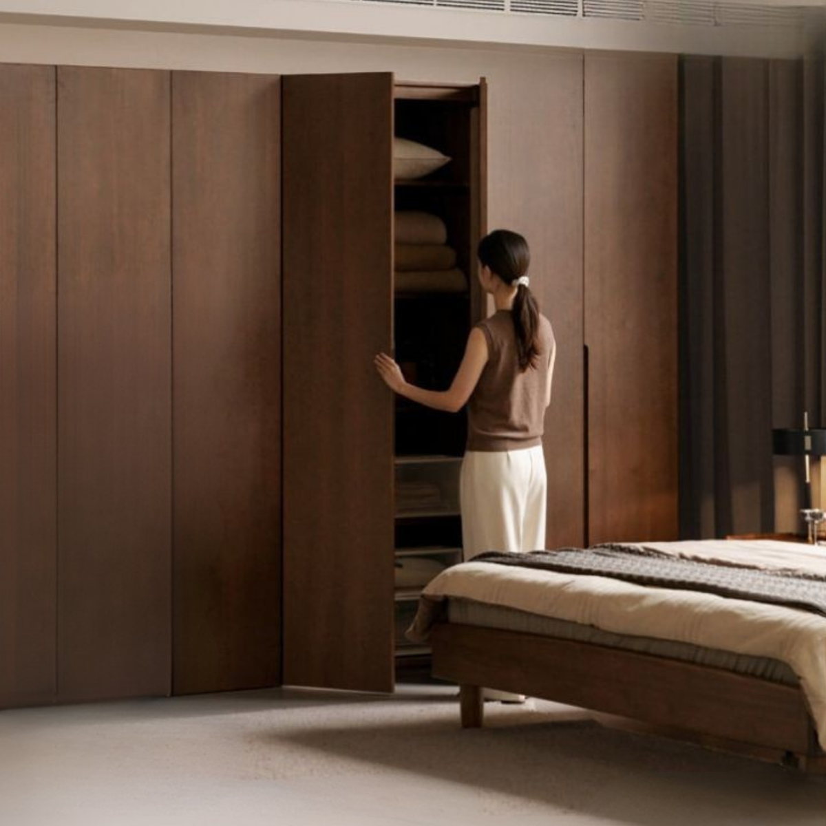 Sandalwood, Black Walnut Solid Wood Floor-to-Ceiling Wardrobe Closet with Interior Shelving and Hanging Rods