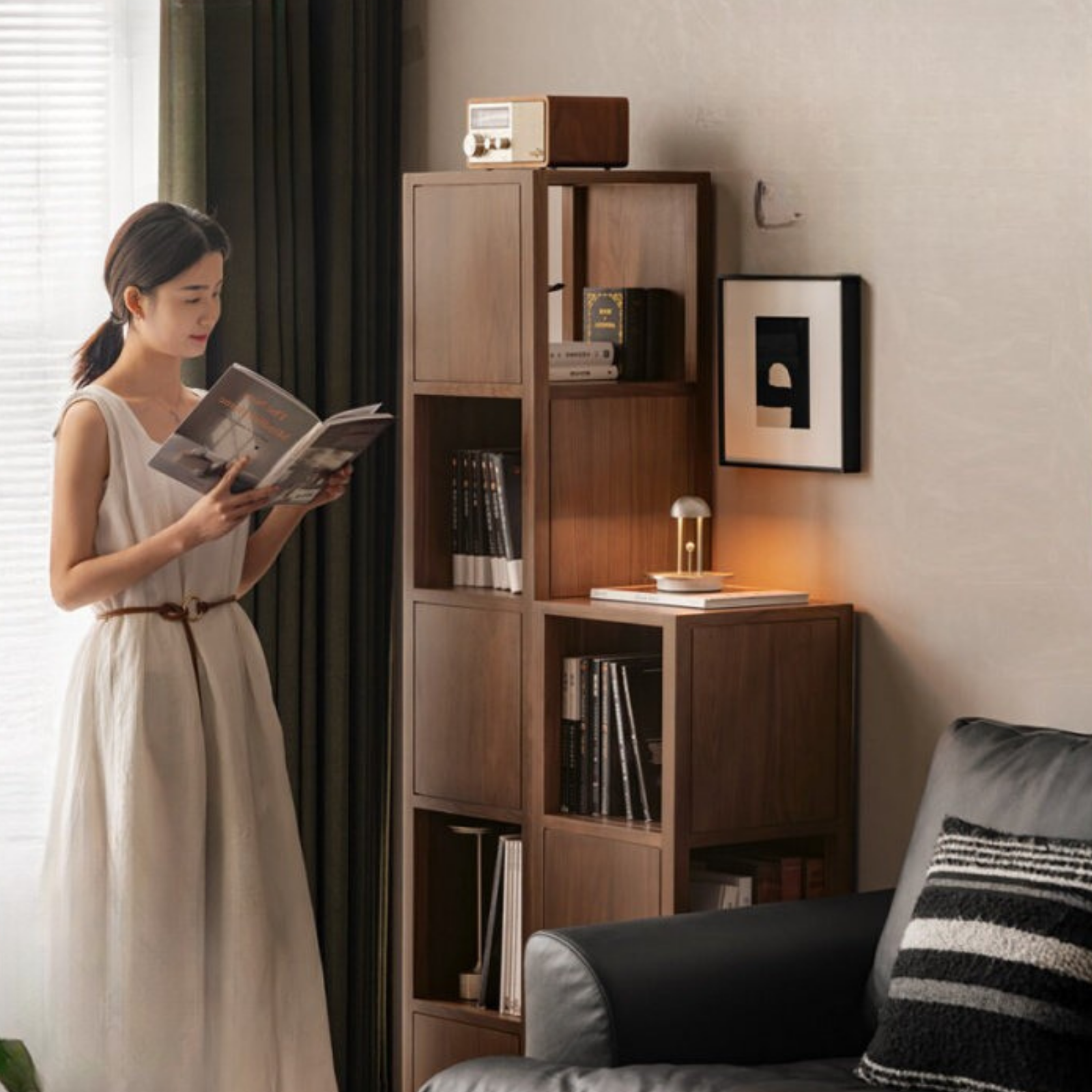 Black Walnut, Oak Solid Wood Corner Bookshelf