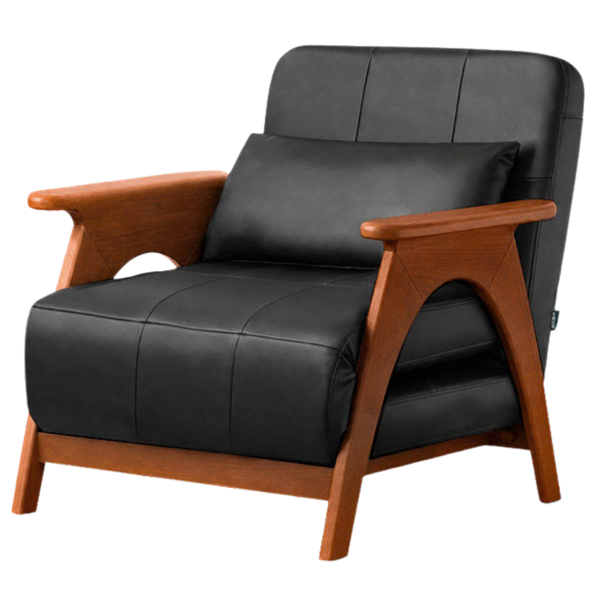Beech Solid Wood Mid-Century Convertible Sleeper Chair, Folding Sofa Bed in Black Faux Leather
