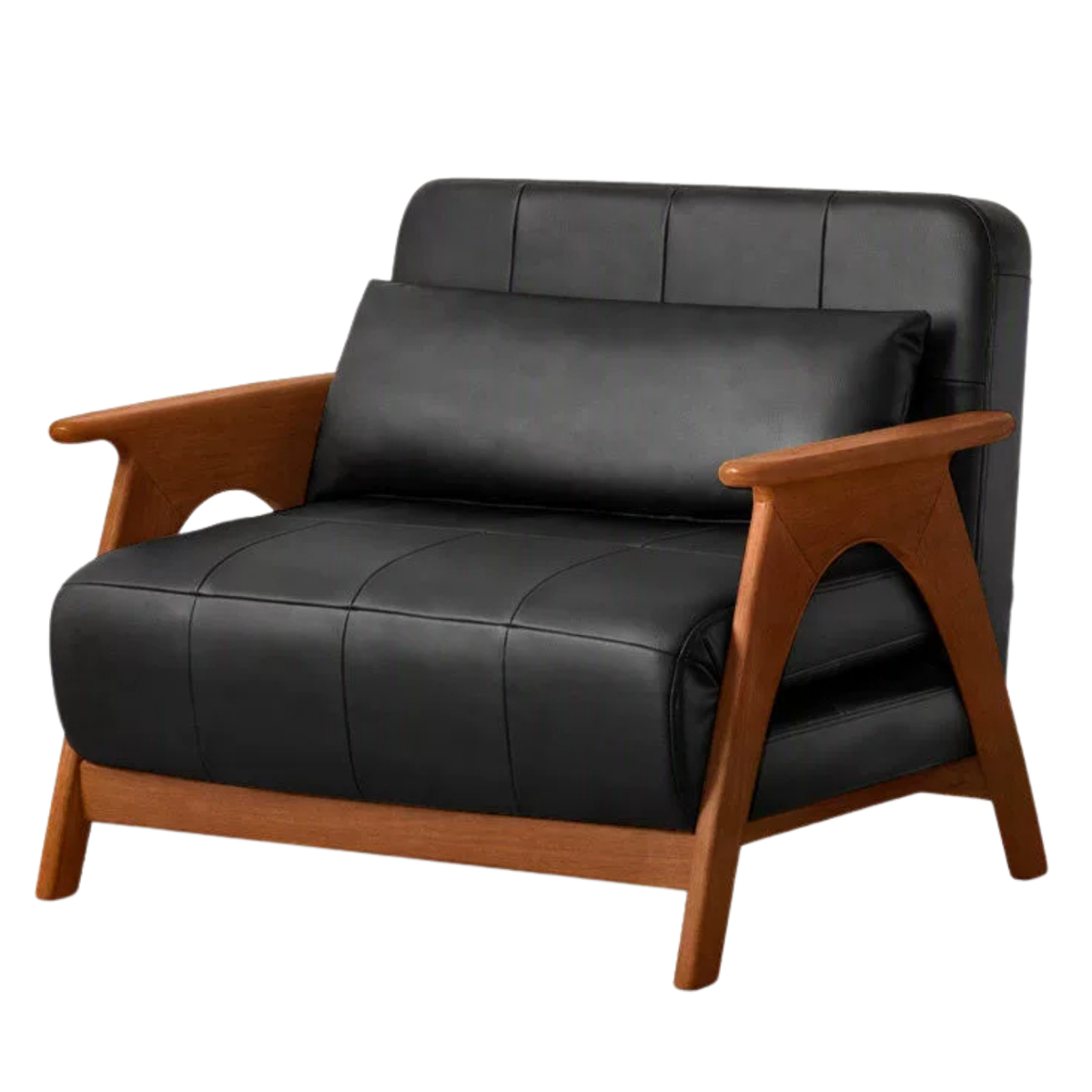 Beech Solid Wood Mid-Century Convertible Sleeper Chair, Folding Sofa Bed in Black Faux Leather