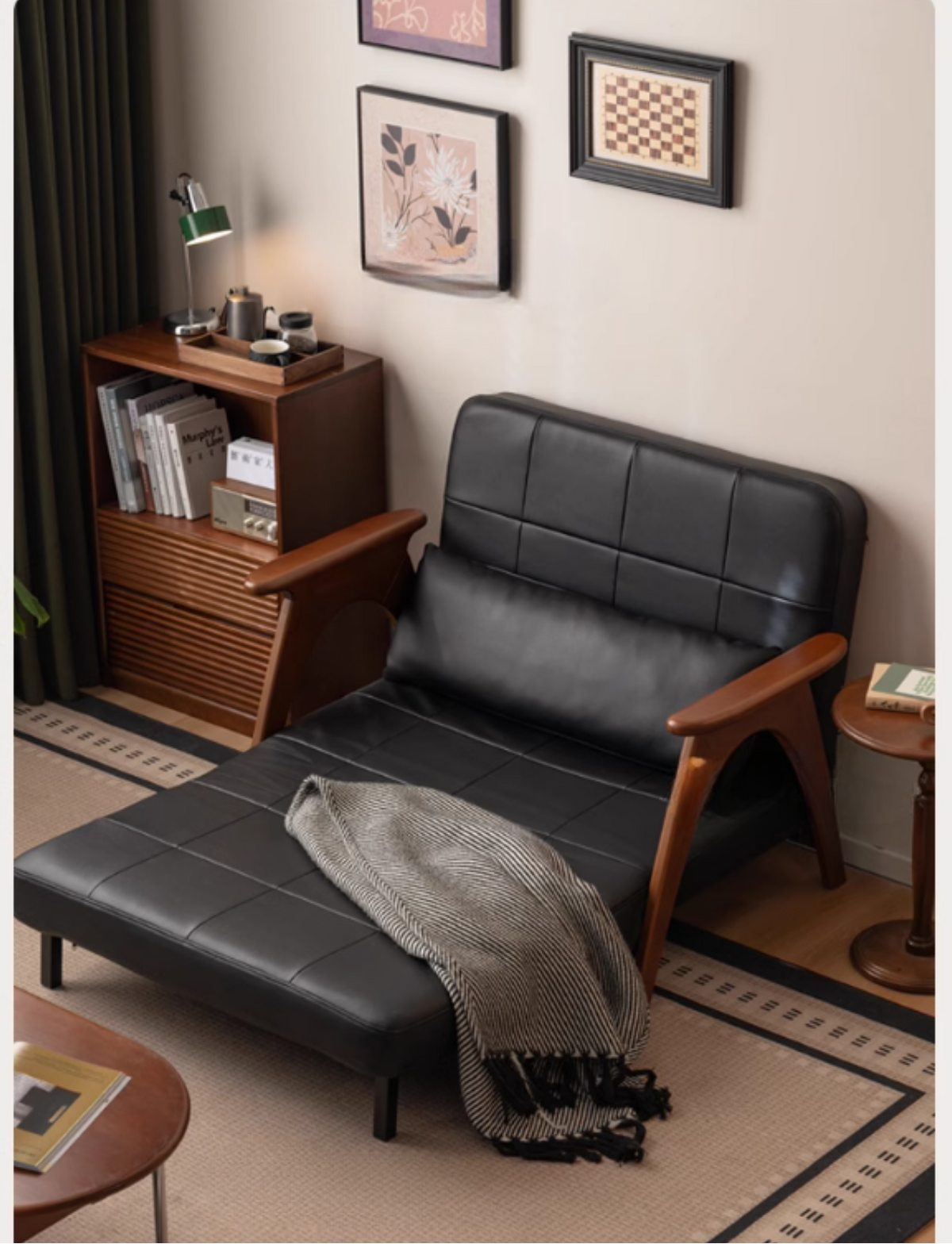 Beech Solid Wood Mid-Century Convertible Sleeper Chair, Folding Sofa Bed in Black Faux Leather