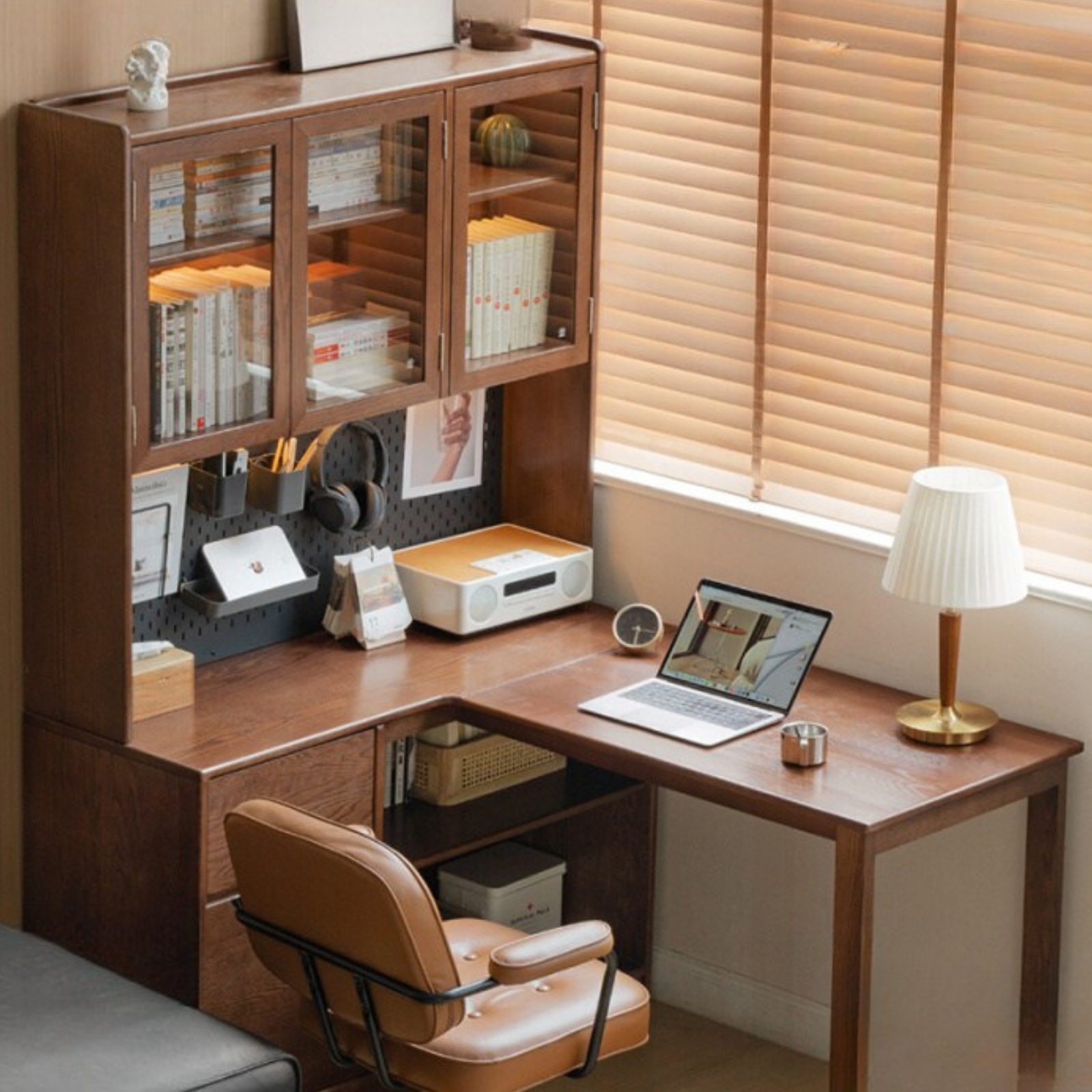 Oak Solid Wood Desk Bookshelf Integrated Corner Table
