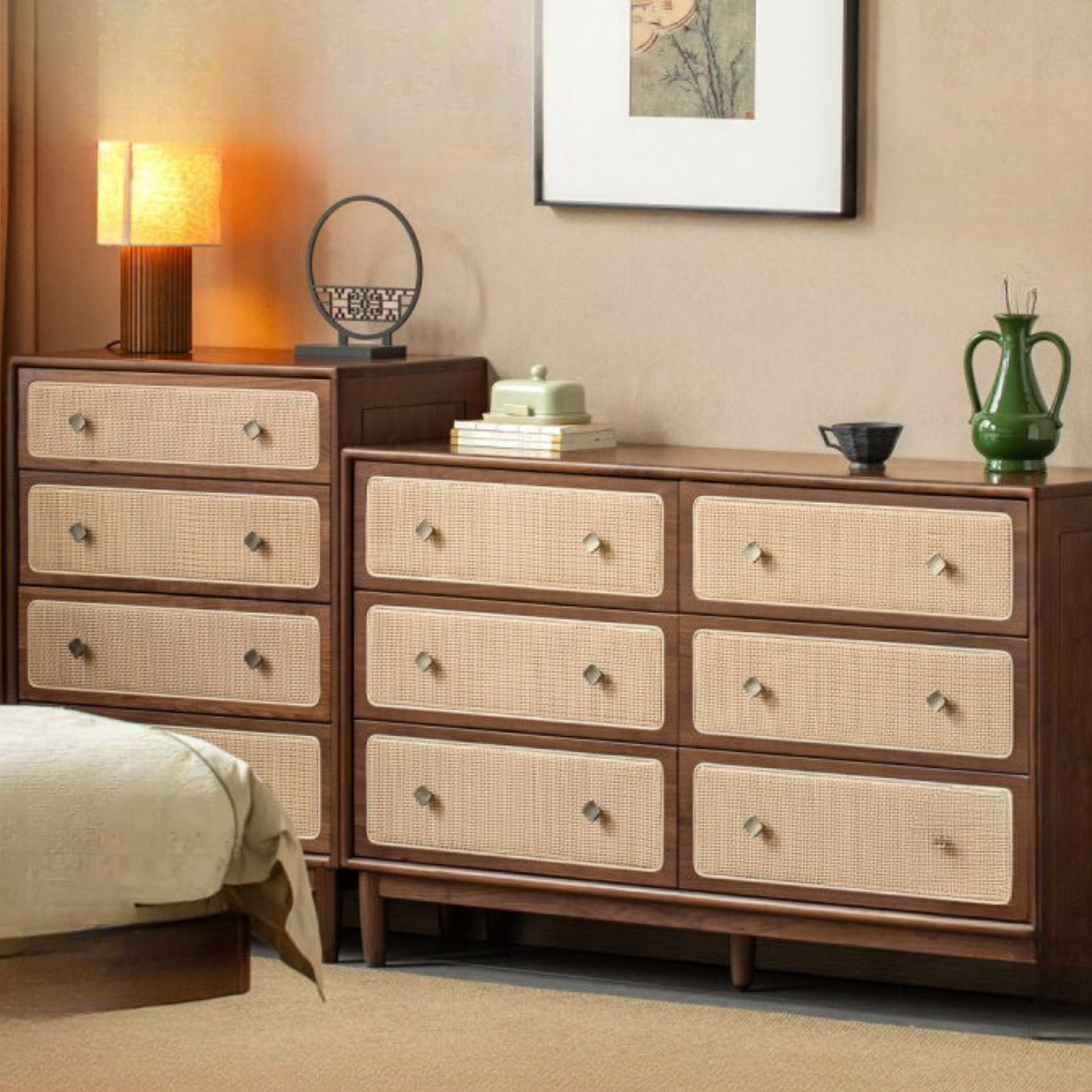 Oak, Black Walnut Solid Wood Cabinet Modern Rattan Storage Cabinet.