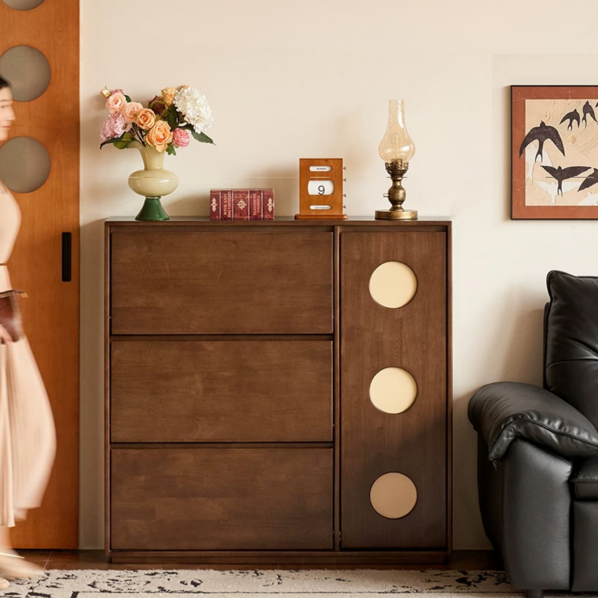 Solid RubberWood Vintage Shoe Cabinet with Flip-Down Drawers and Round Inlay Accents