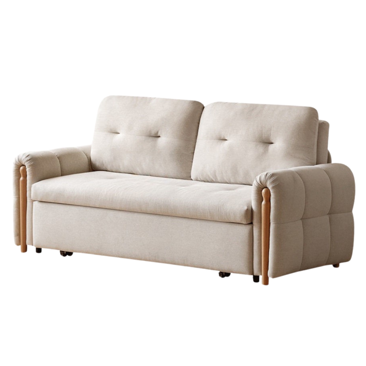 Beech Solid Wood Convertible Sofa Bed with Pull-Out Sleeper in Cream Faux Linen
