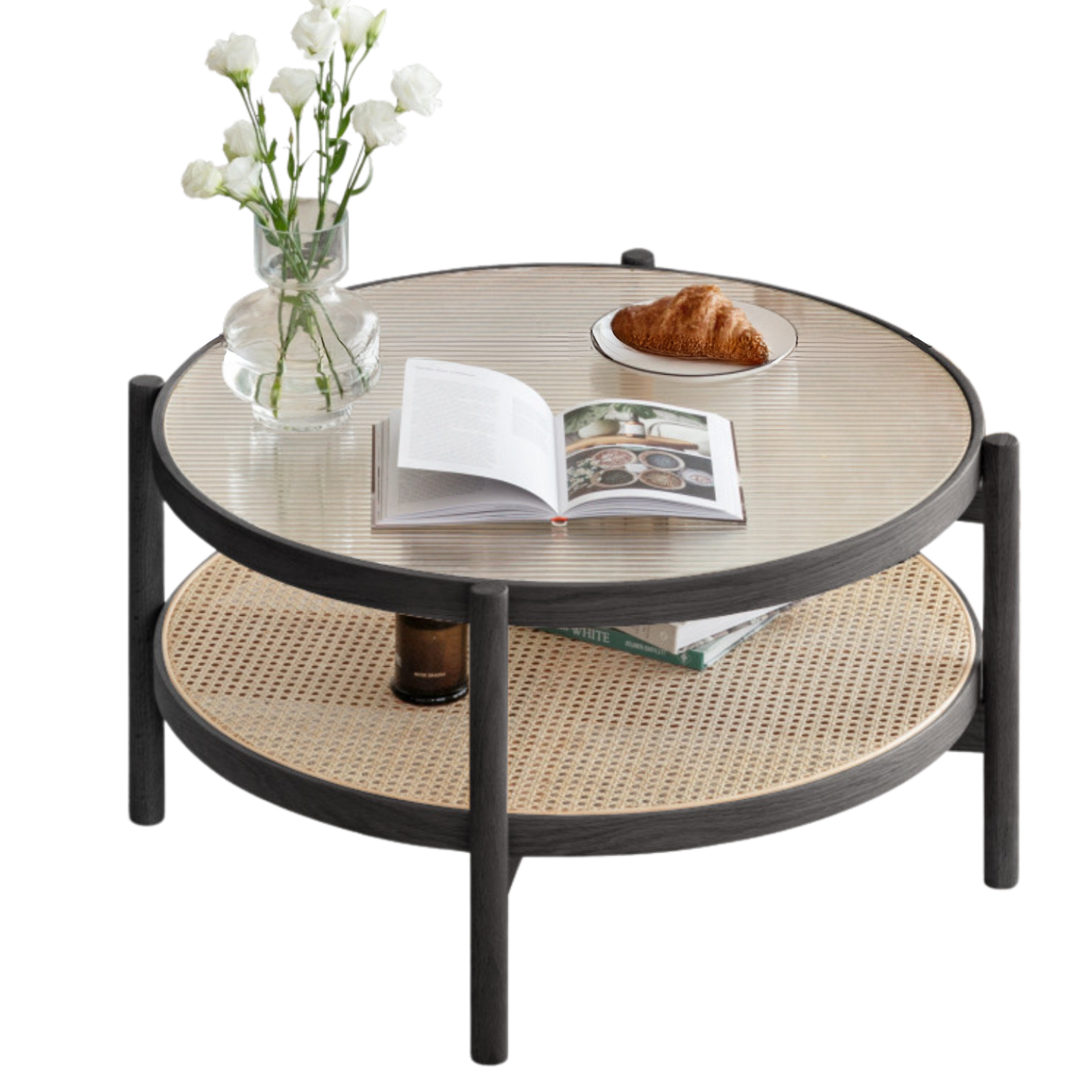Oak Solid Wood Rattan Black Glass Round Coffee Table