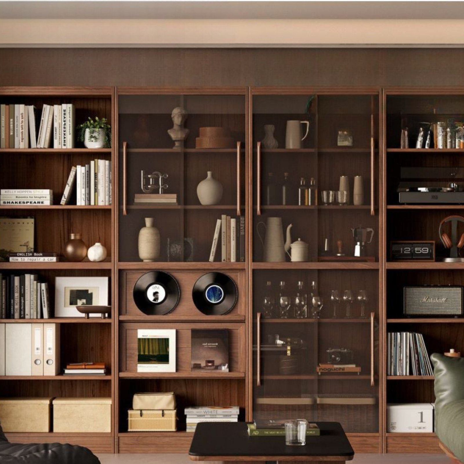 Black Walnut, Oak Solid Wood Floor-Standing Bookcase with Luxury Storage Cabinet