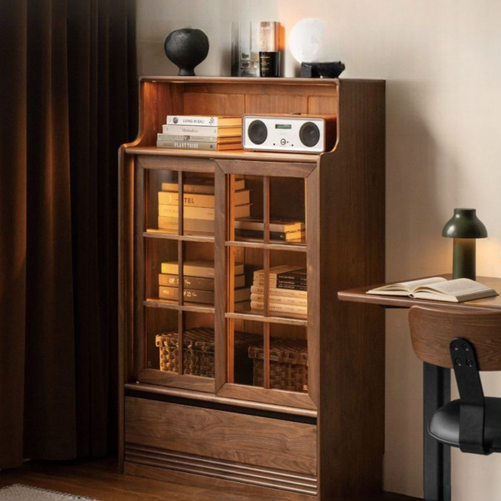 Black Walnut, Oak Solid Wood Bookcase with Storage Cabinet and Built-In Light