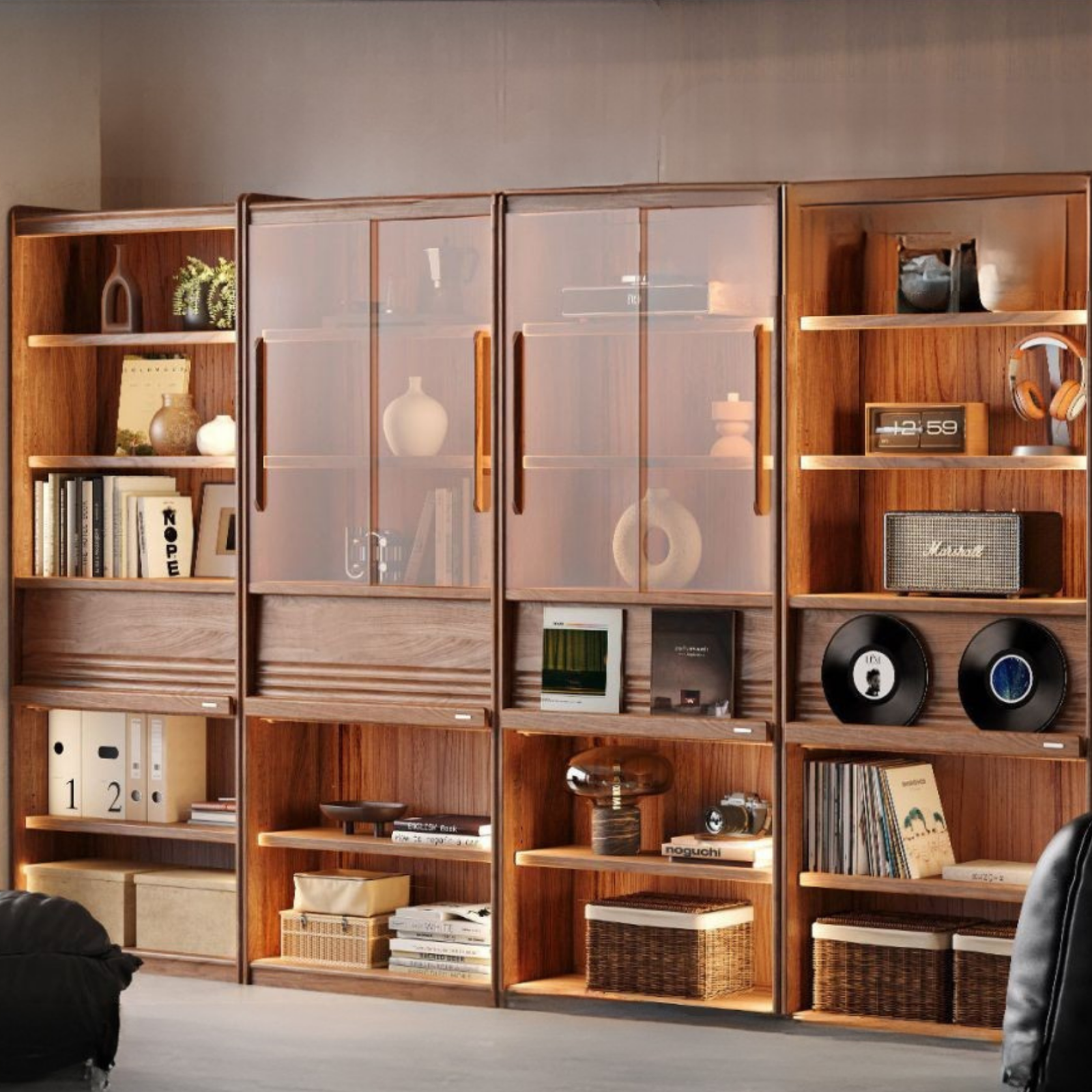 Black Walnut Solid Wood Combination Bookcase with Floor Display and Luxury Storage