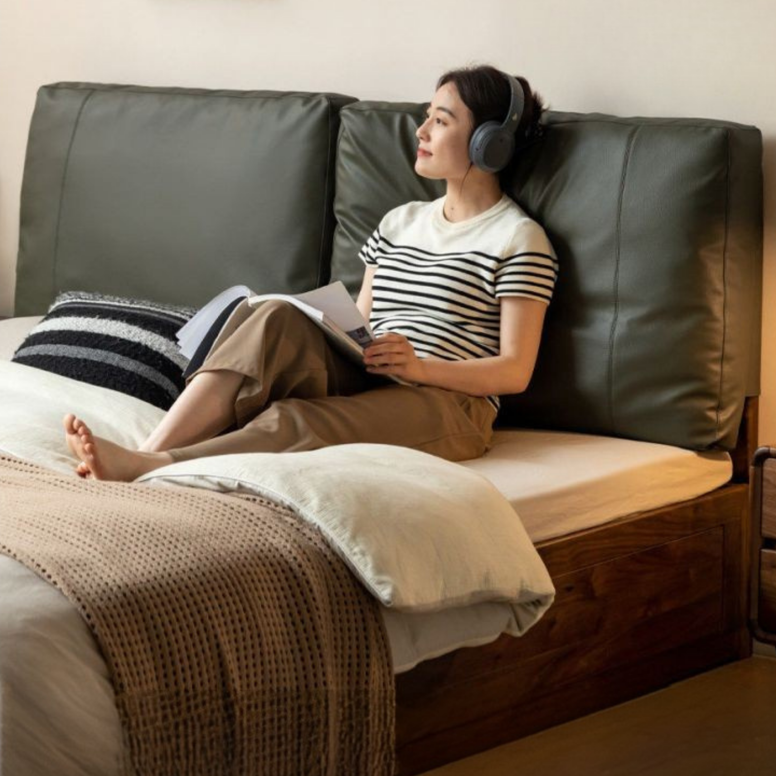 Soft Leather Headboard with Large Cushioned Backrest