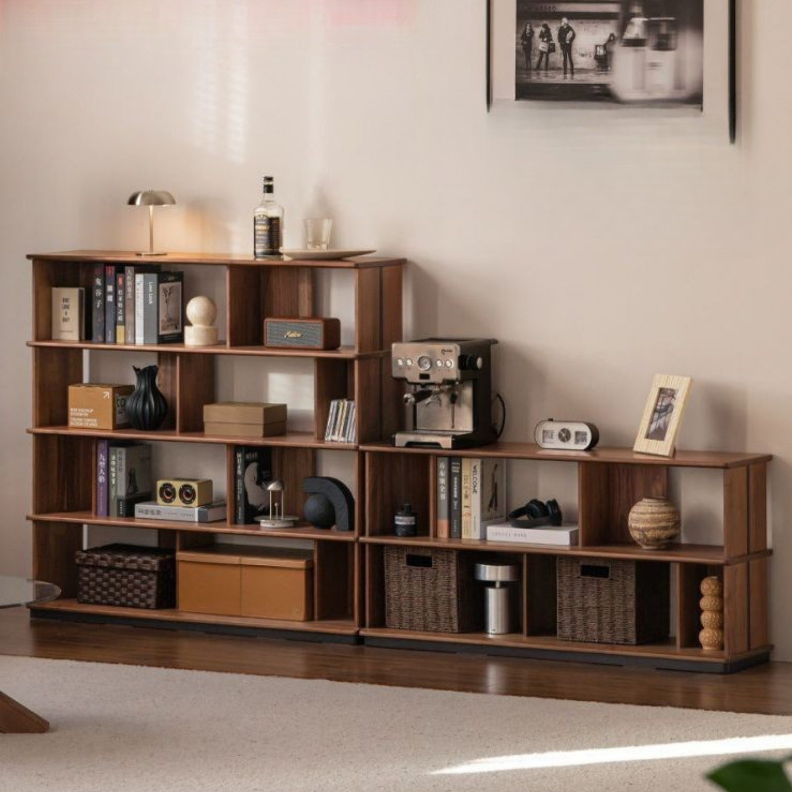 Black Walnut, Sandalwood Solid Wood Bookshelf with Light Luxury Display Shelves