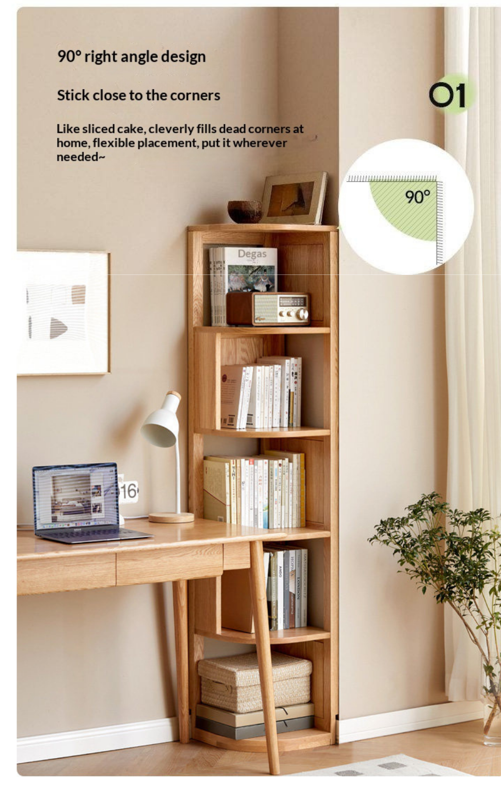 Solid Rubberwood, Oak, Ash Solid Wood Triangle Corner Bookshelf with Multi-Layer Shelving