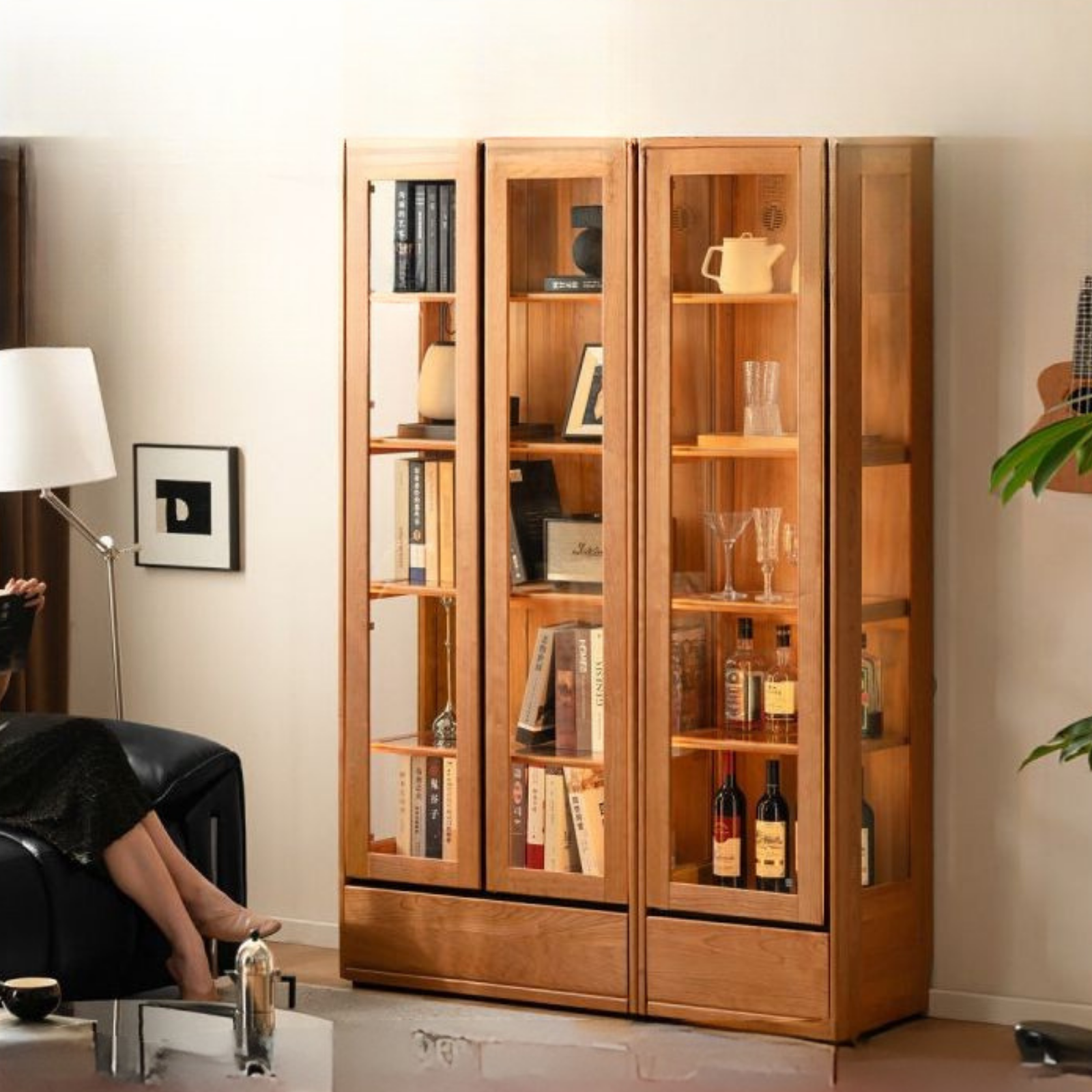 Cherry Solid Wood Bookcase with Glass Display Cabinets