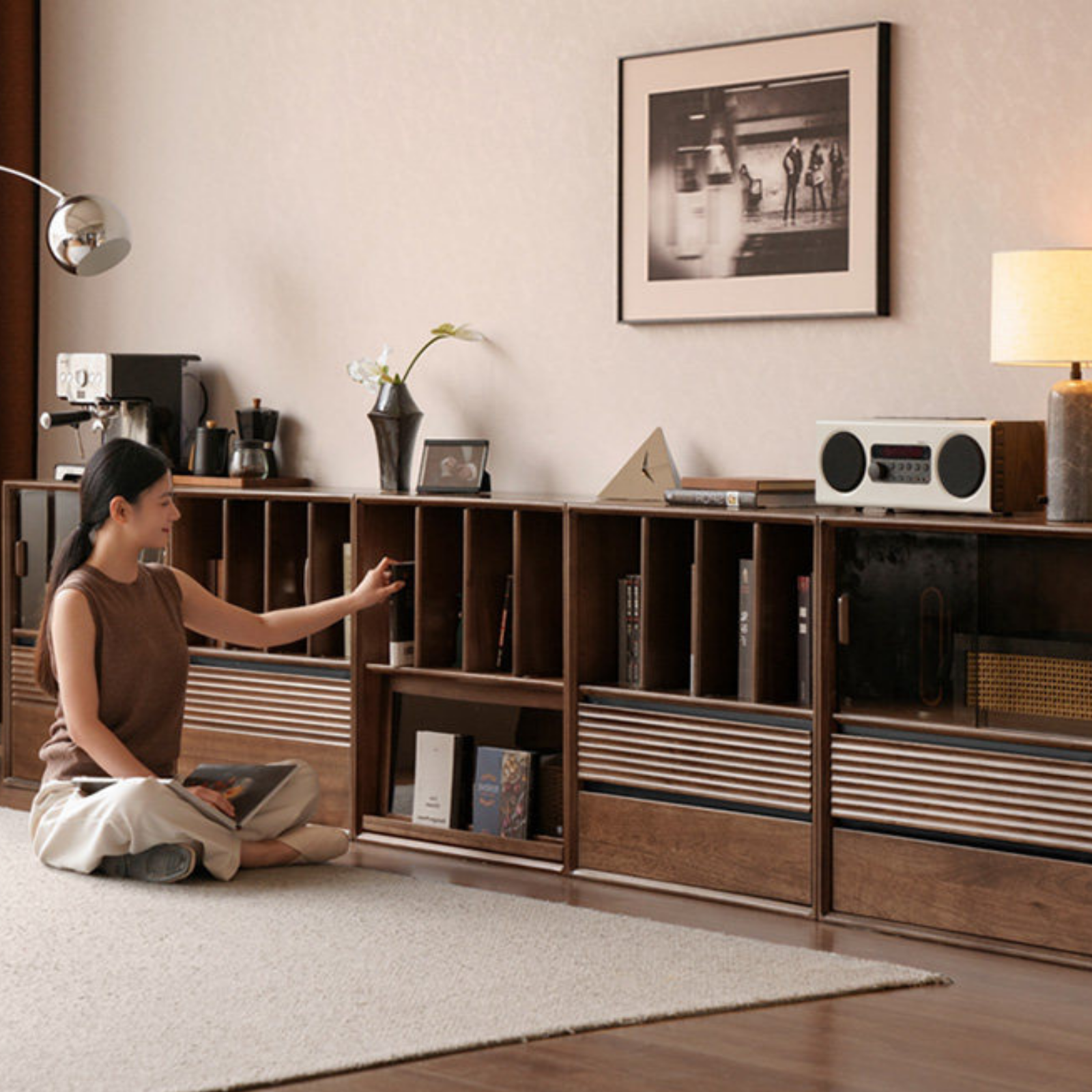 Golden Sandalwood Solid Wood Wall-Mounted Bookcase with Free Combination Grid Design