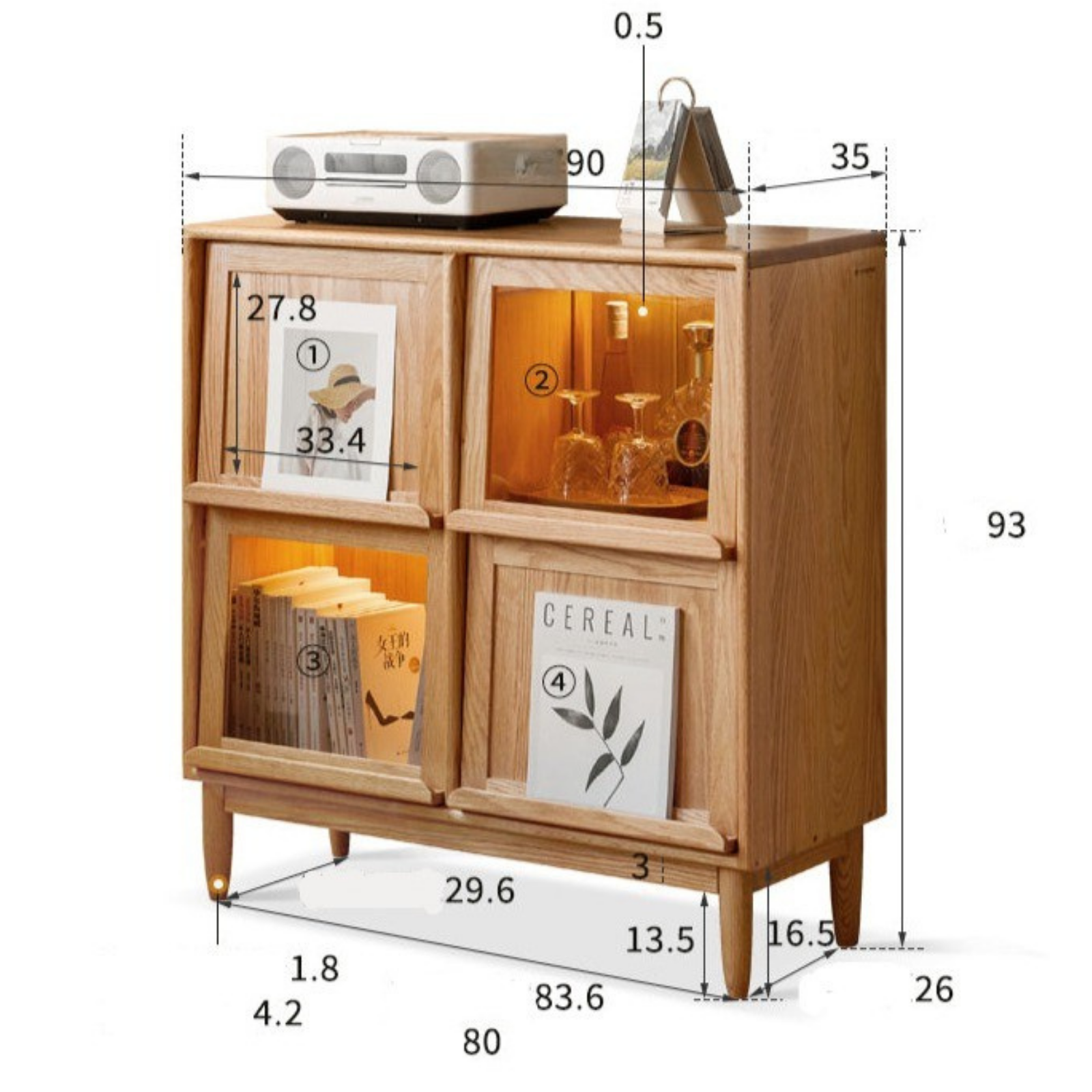 Oak, Сherry, Ash Solid Wood Four-Door Bookcase with Light, Magazine Cabinet.