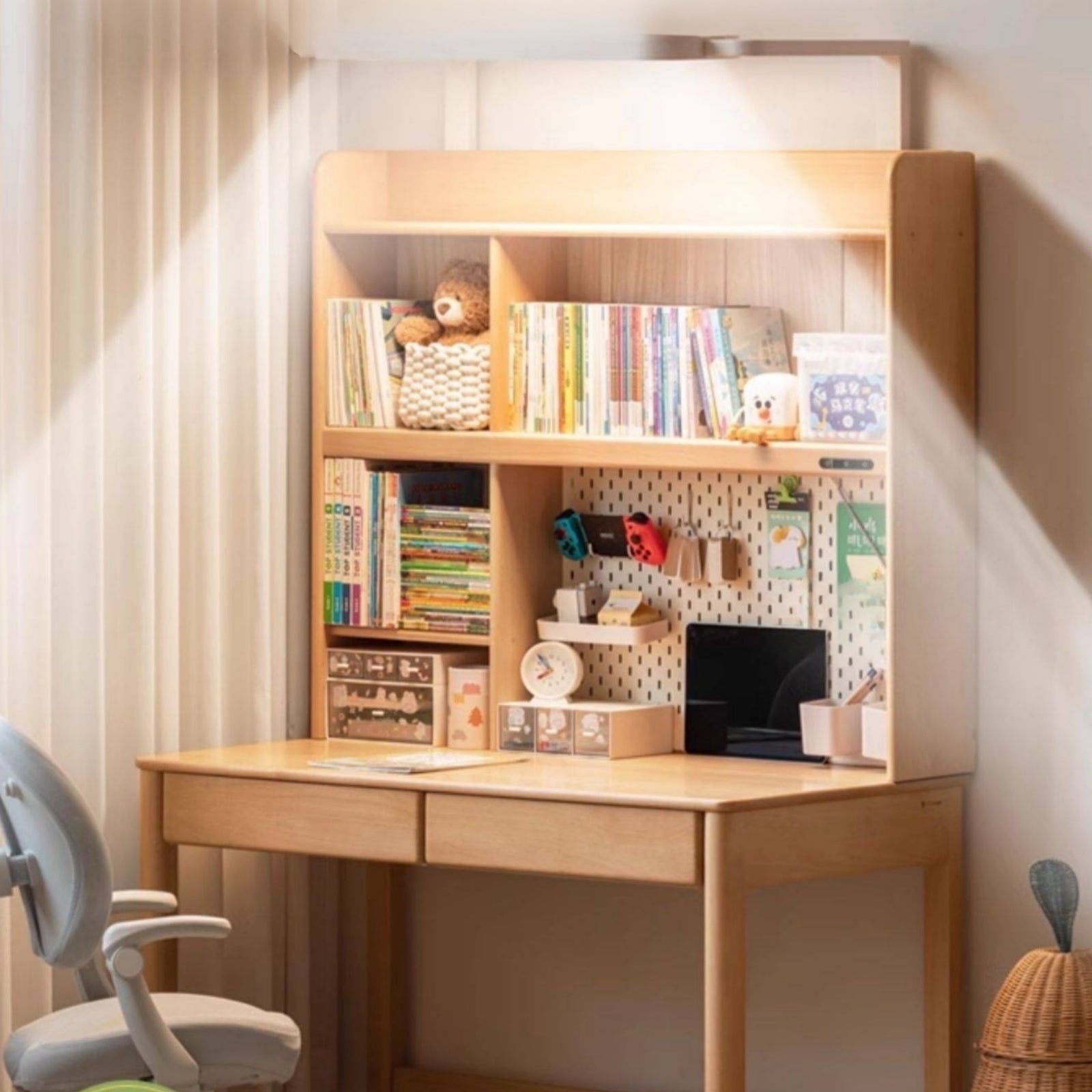 Beech Solid Wood Bookshelf Integrated Сhildren's Learning Desk