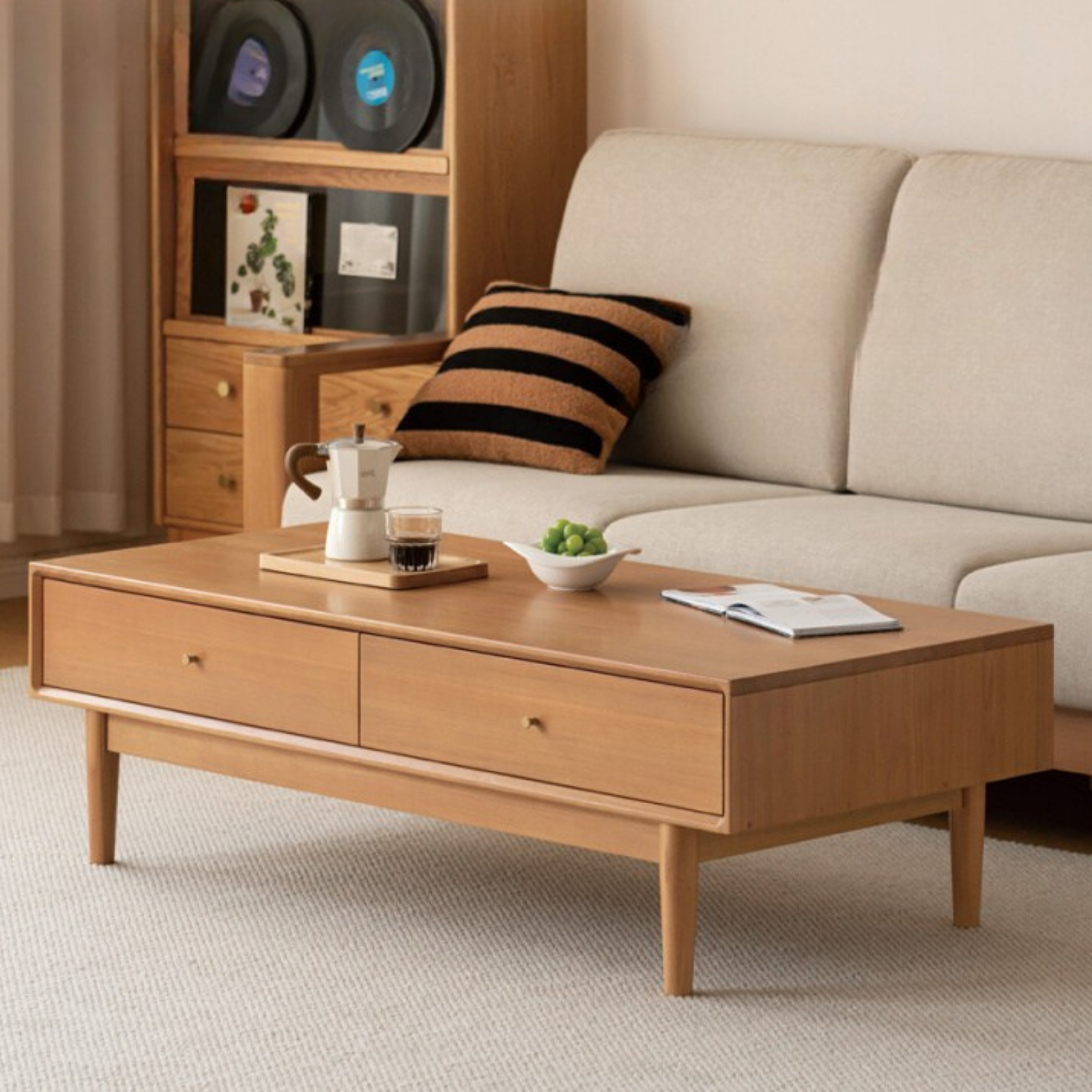 Poplar Solid Wood Modern Rectangular Coffee Table with Drawer.