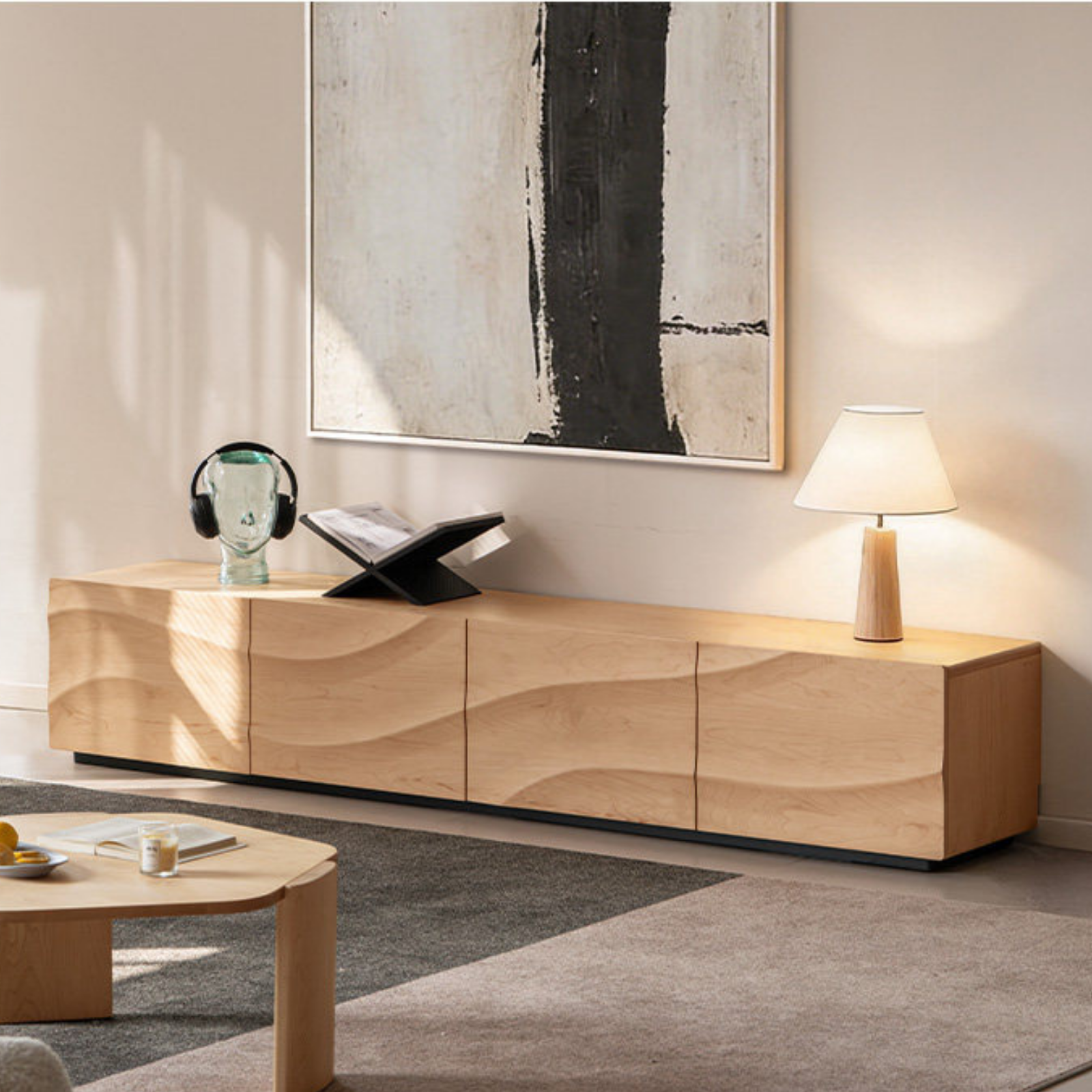 North American Hard Maple Solid Wood TV Cabinet with Modern Minimalist Design and Large Capacity