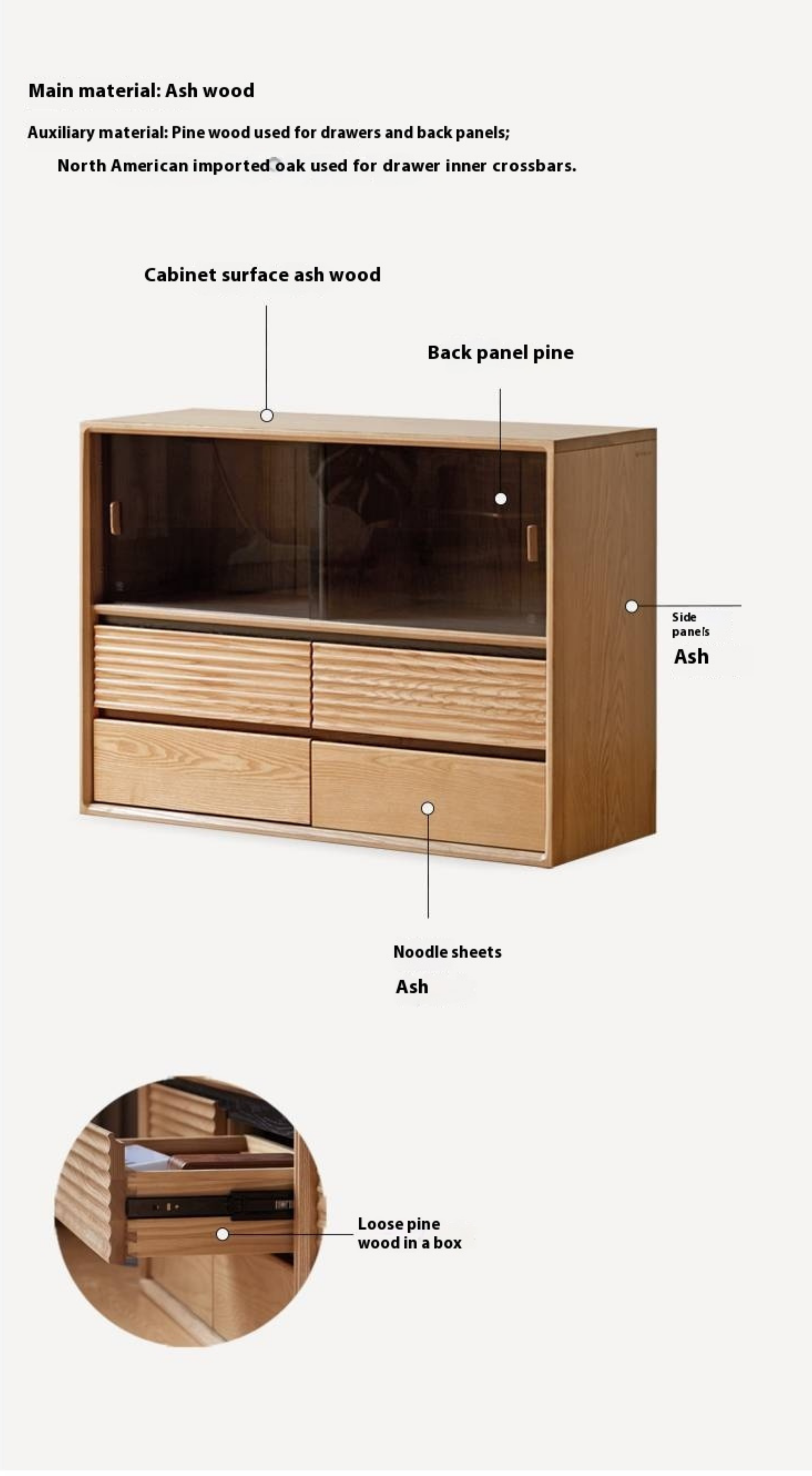 Ash Solid Wood Glass Storage Cabinet.