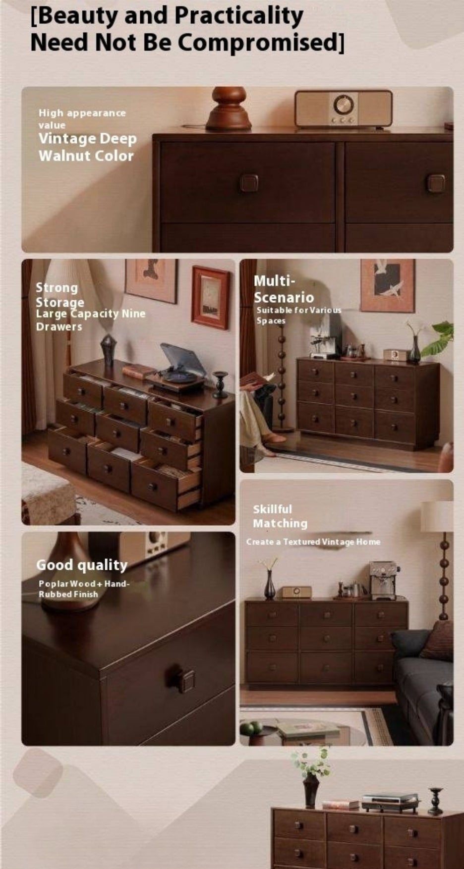 Poplar Solid Wood Retro Middle Ancient Style Drawer Cabinet