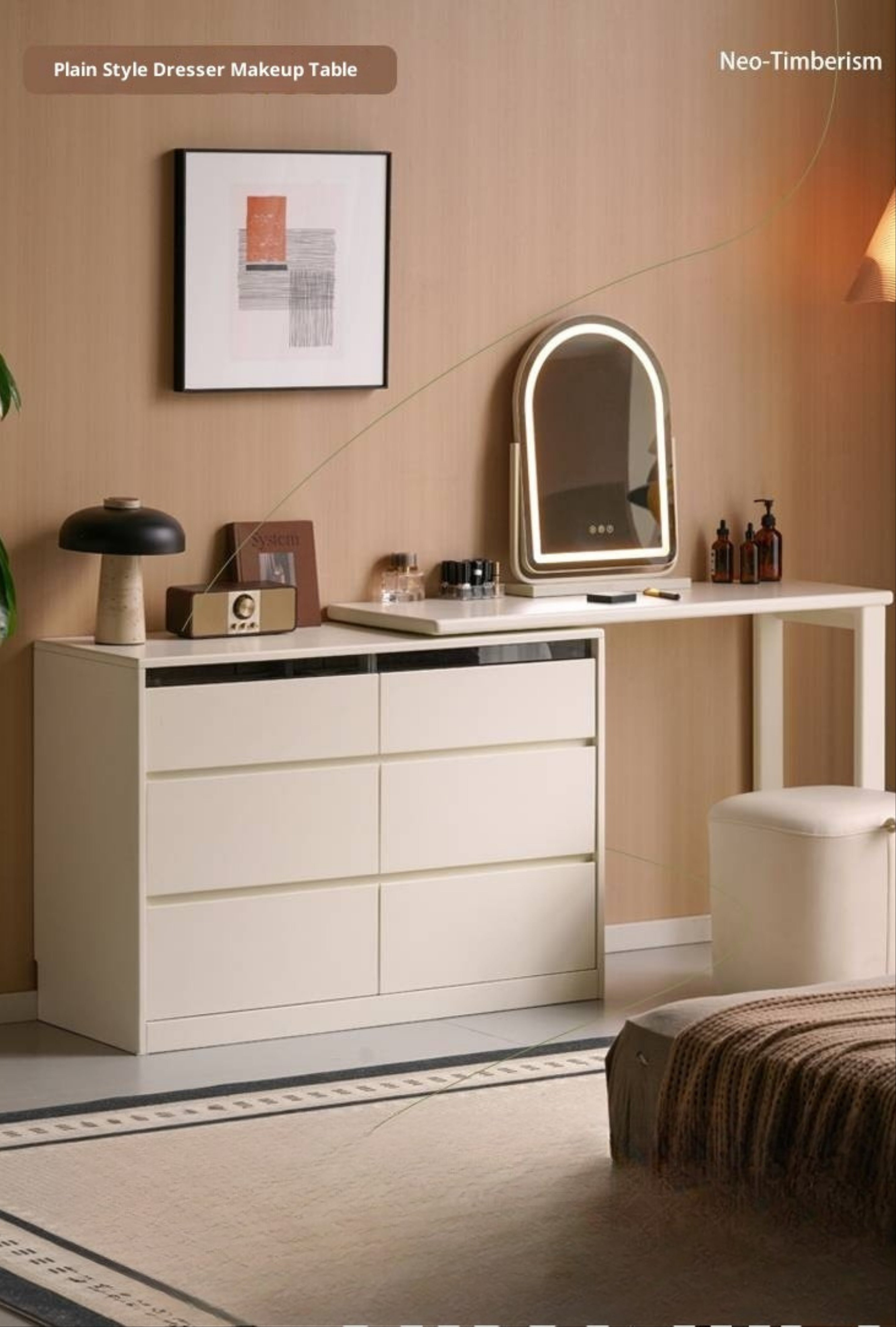 Solid Rubberwood White Cream Dressing Table
