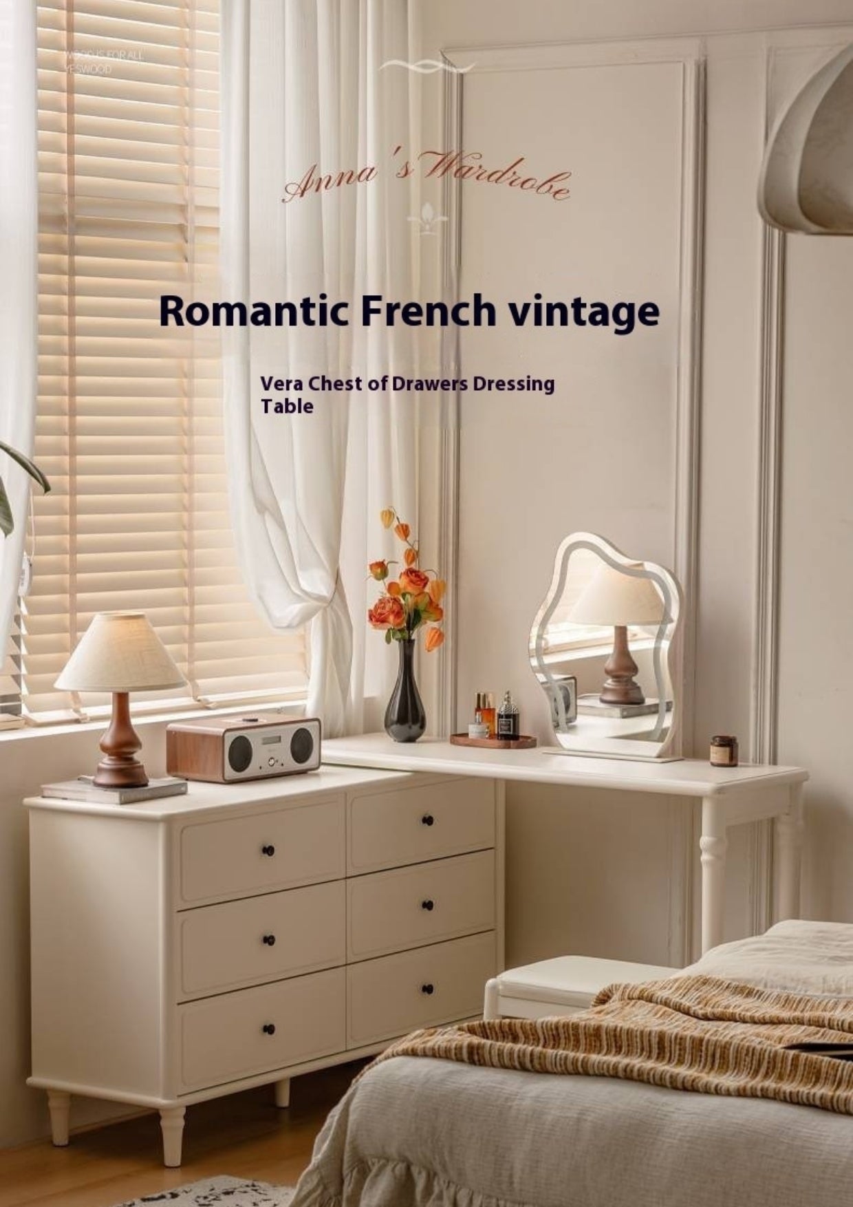 Solid Rubberwood French Retro Dressing Table