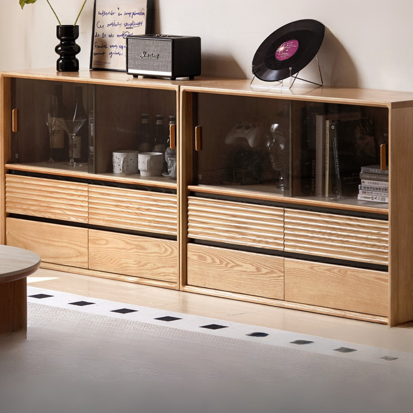 Ash Solid Wood Glass Storage Cabinet
