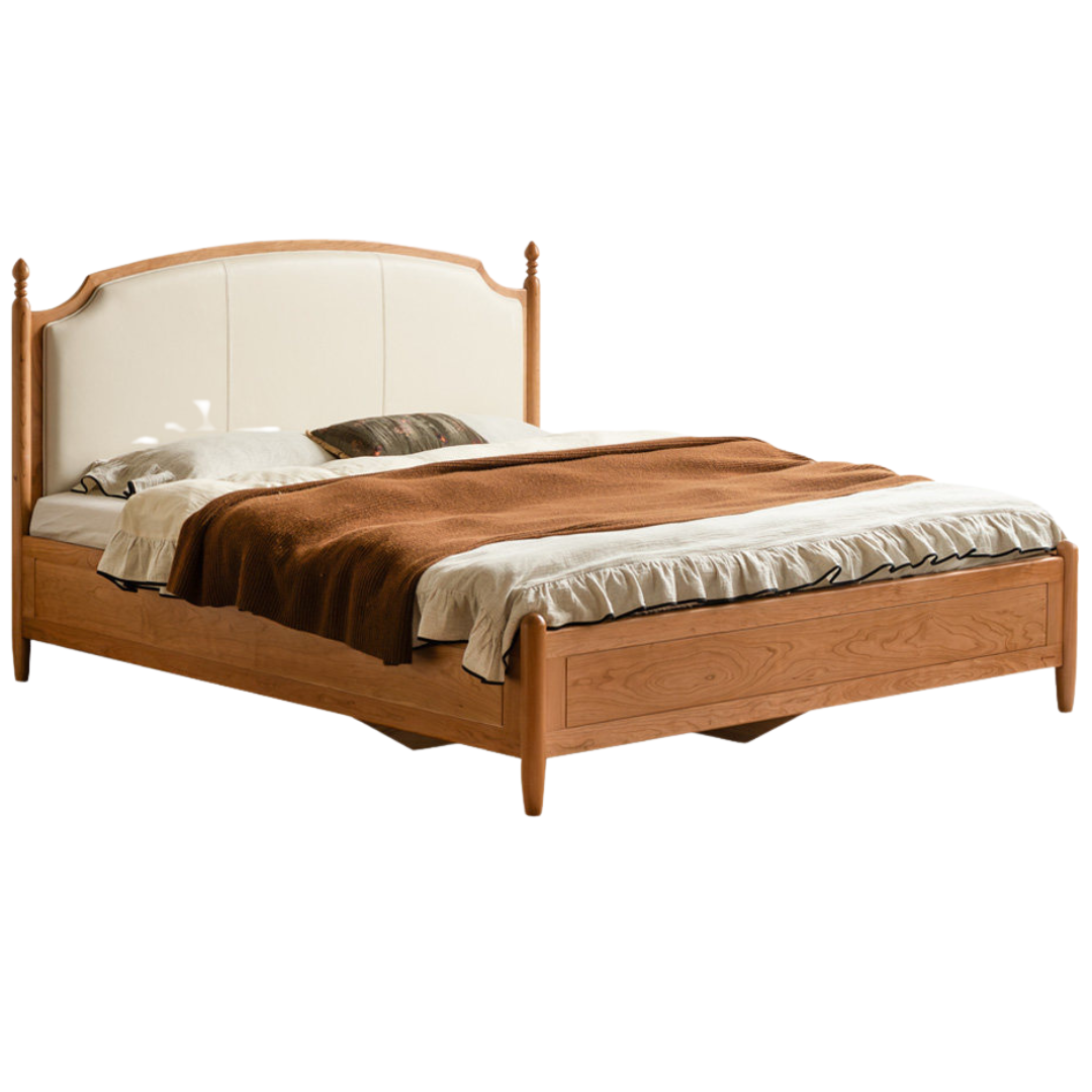 Cherry Solid Wood Box Bed with French Country Arched Upholstered Headboard and Spindle Posts