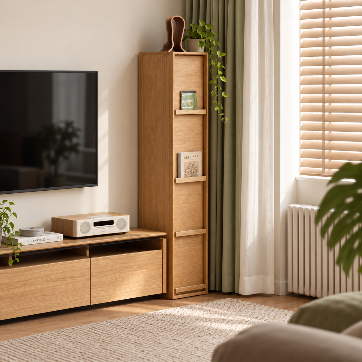 Solid Rubberwood Ultra-Narrow Bookcase with Flip-Down Front Panel