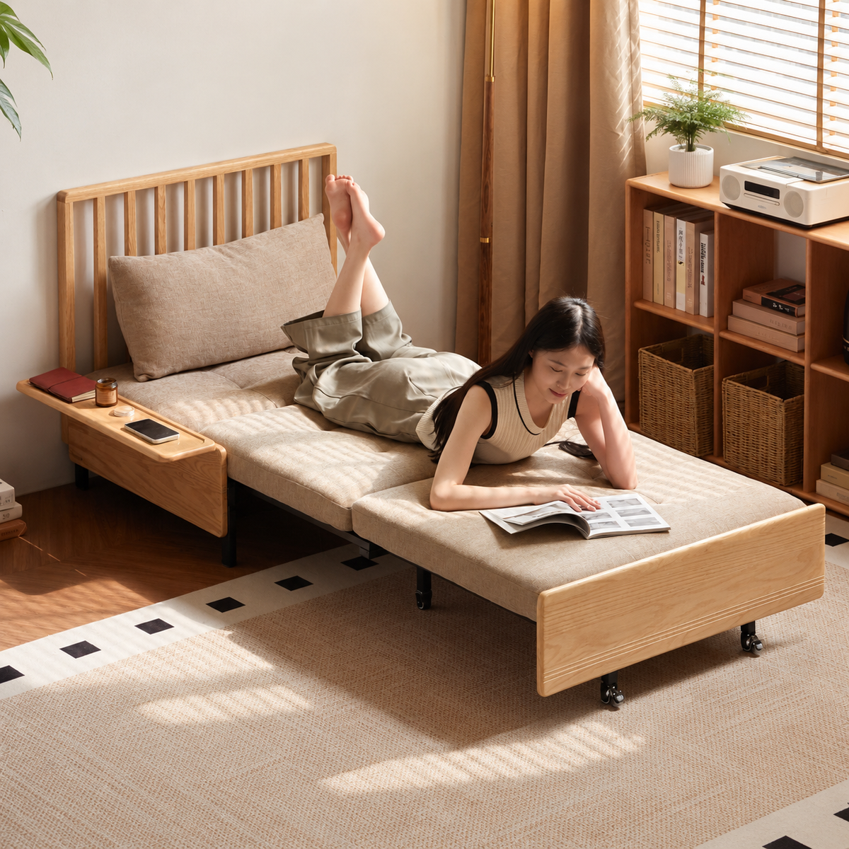 Oak Solid Wood Sleeper Sofa Chair Bed with Attached Fold-Out Side Tray