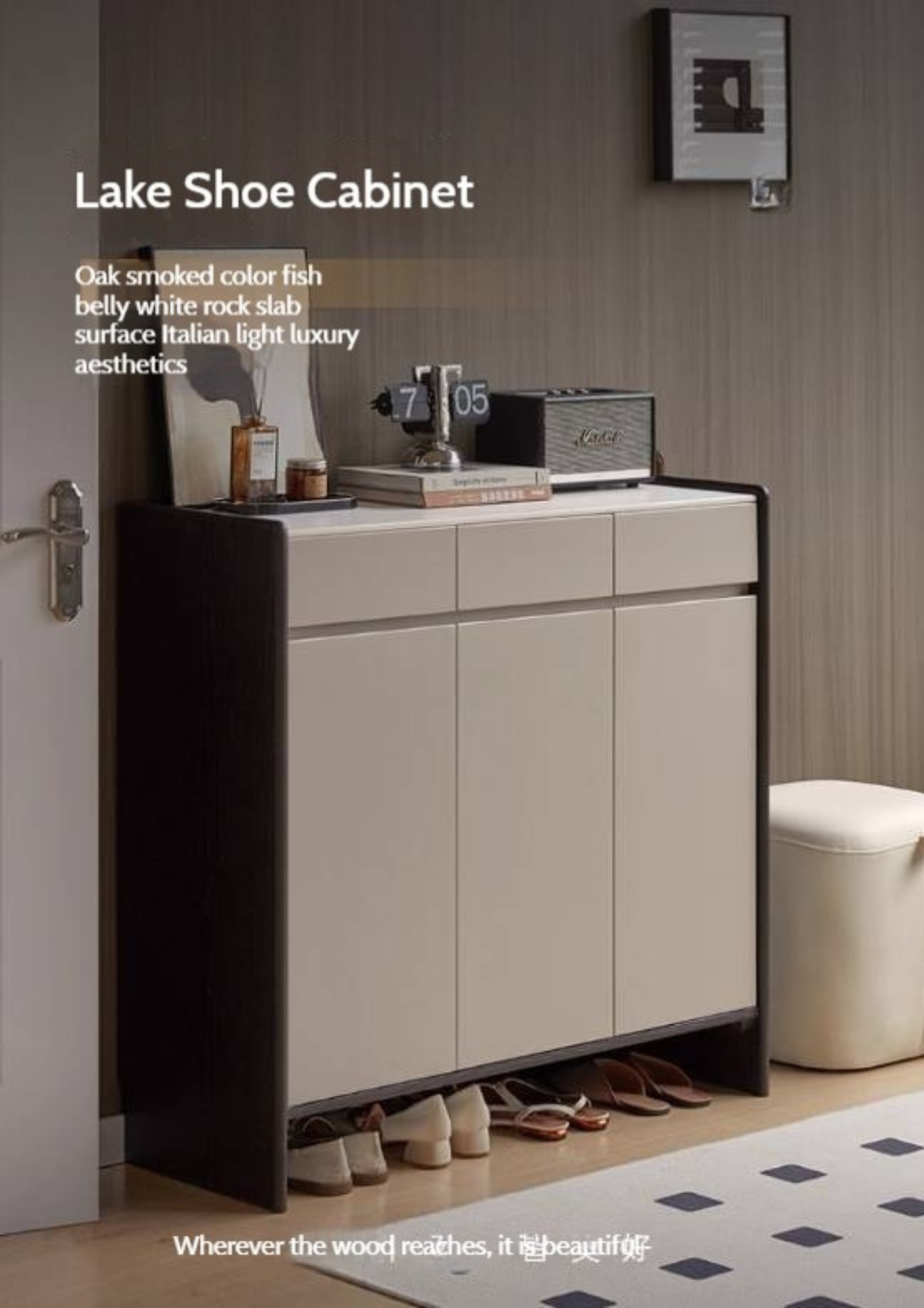 Oak, Rubberwood Solid Wood Porch Cabinet, Shoe Cabinet Slate Top