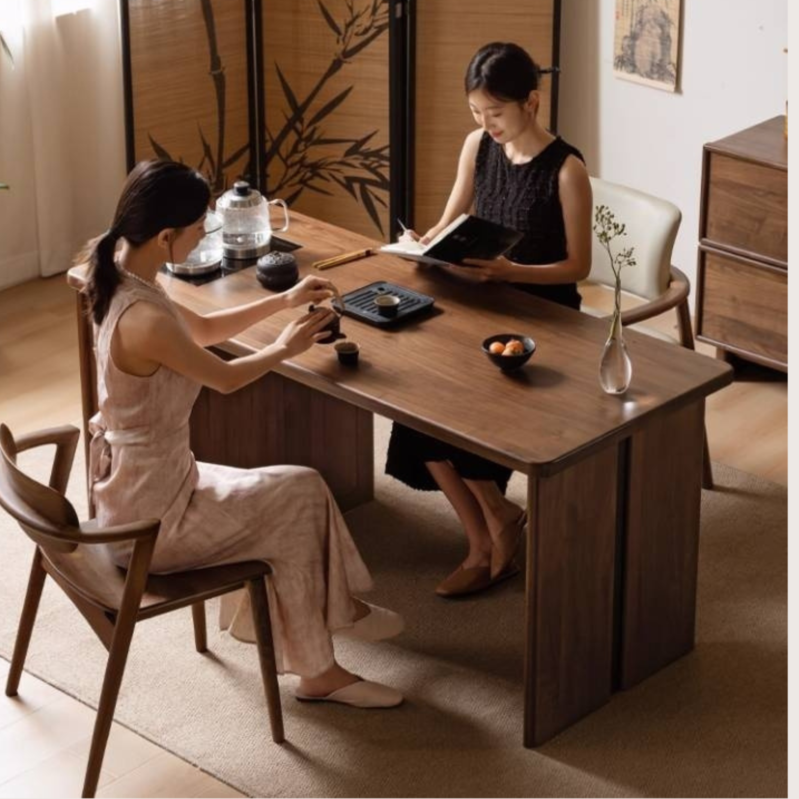 Black Walnut Solid Wood Rectangular Tea Table with Tea Tray