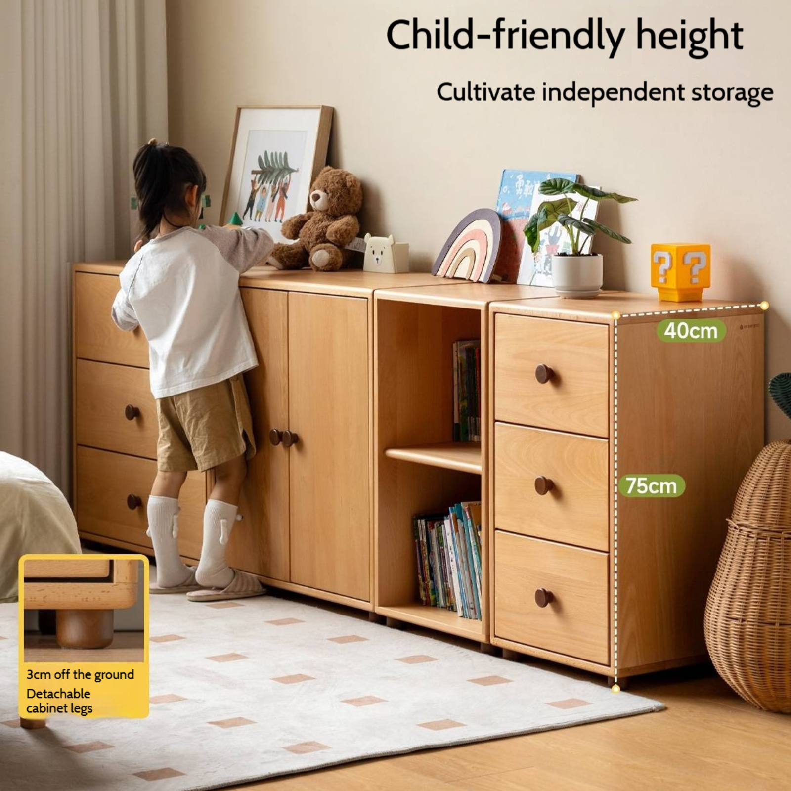Solid Rubber Wood, Beech Solid Wood Nordic Style Children's Chest of Drawers
