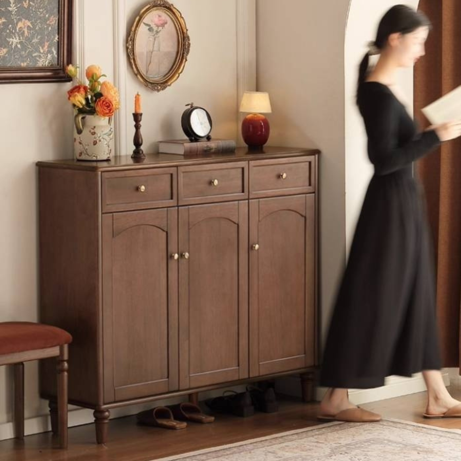 Sandalwood Solid Wood American Retro Storage Shoe Cabinet