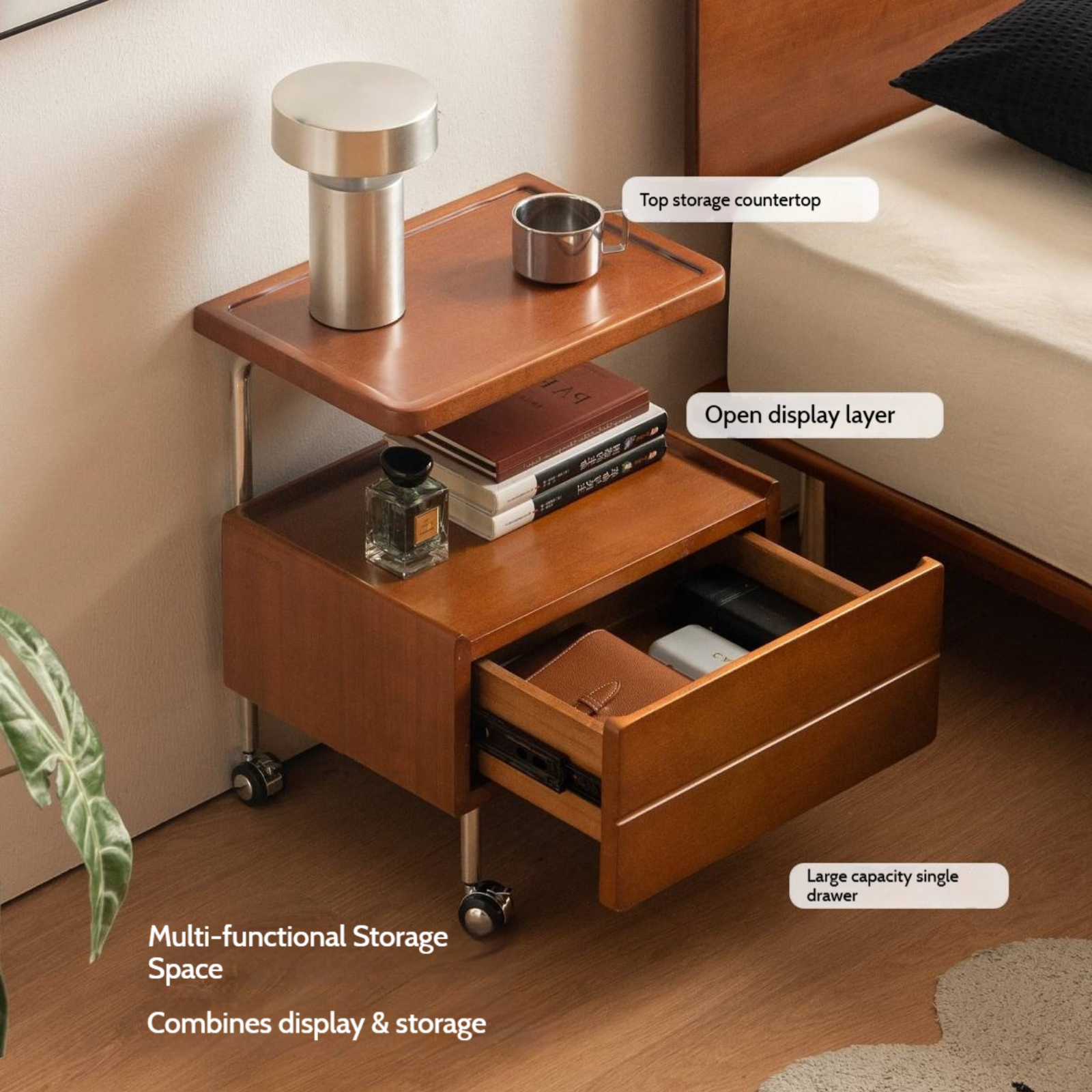 Poplar Solid Wood Vintage Style Mobile Nightstand