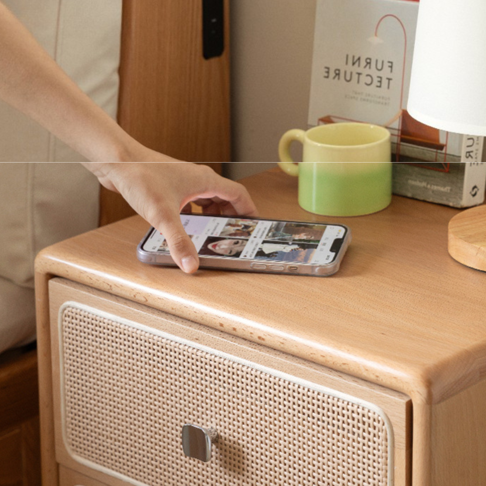 Beech Solid Wood Rattan Log Style Nightstand